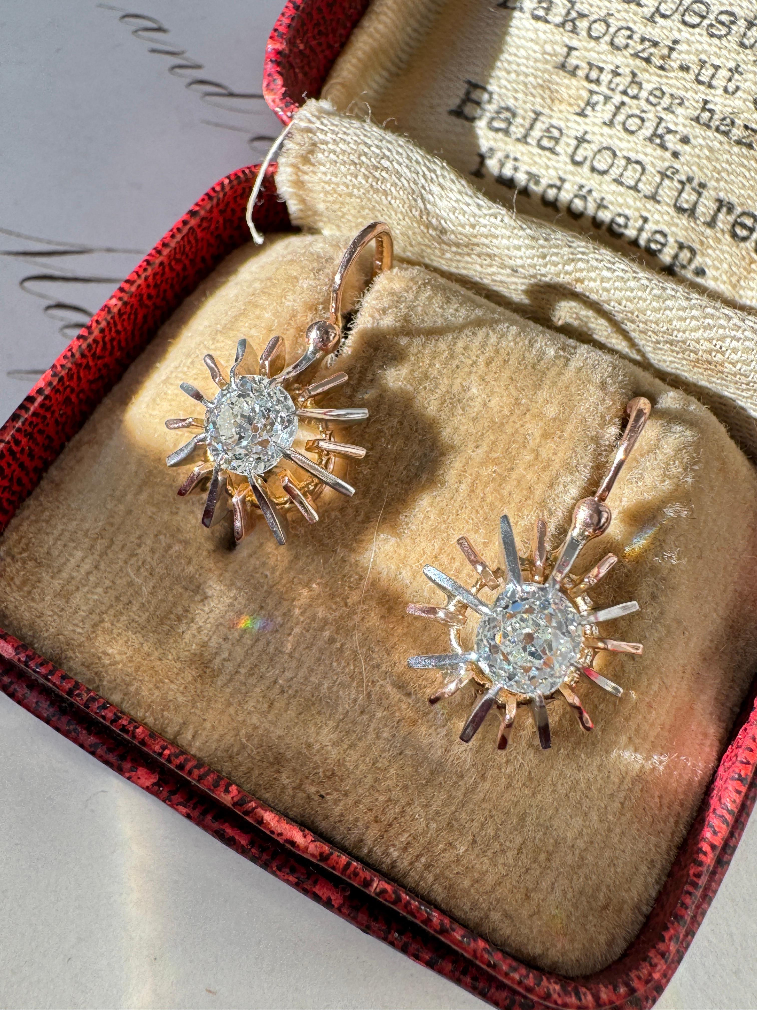 Antique French Old Mine Cut Diamond Sunburst Dormeuse Earrings 2
