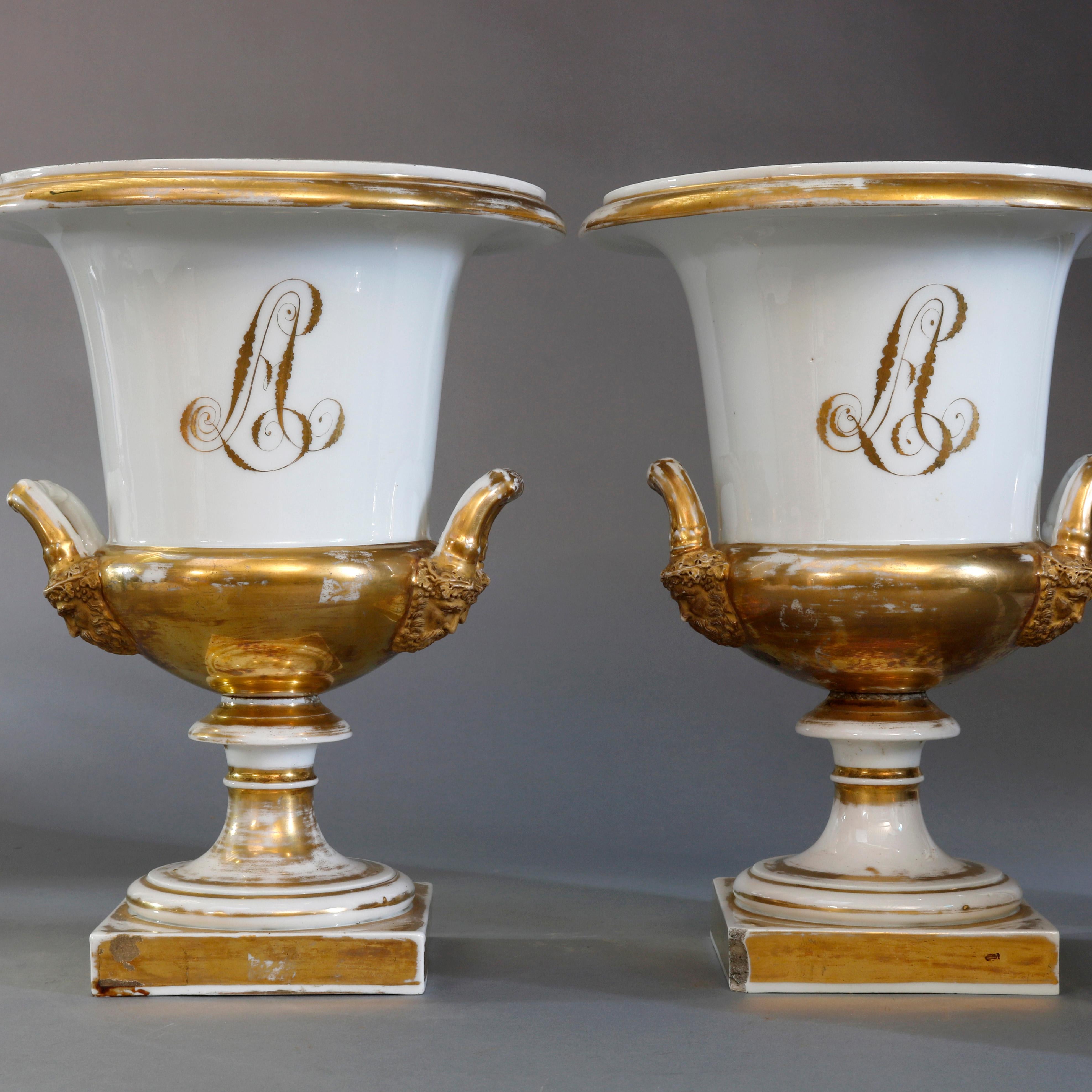 French Old Pairs Gilt Porcelain Classical Urns with Grecian Masks, circa 1880 In Good Condition In Big Flats, NY