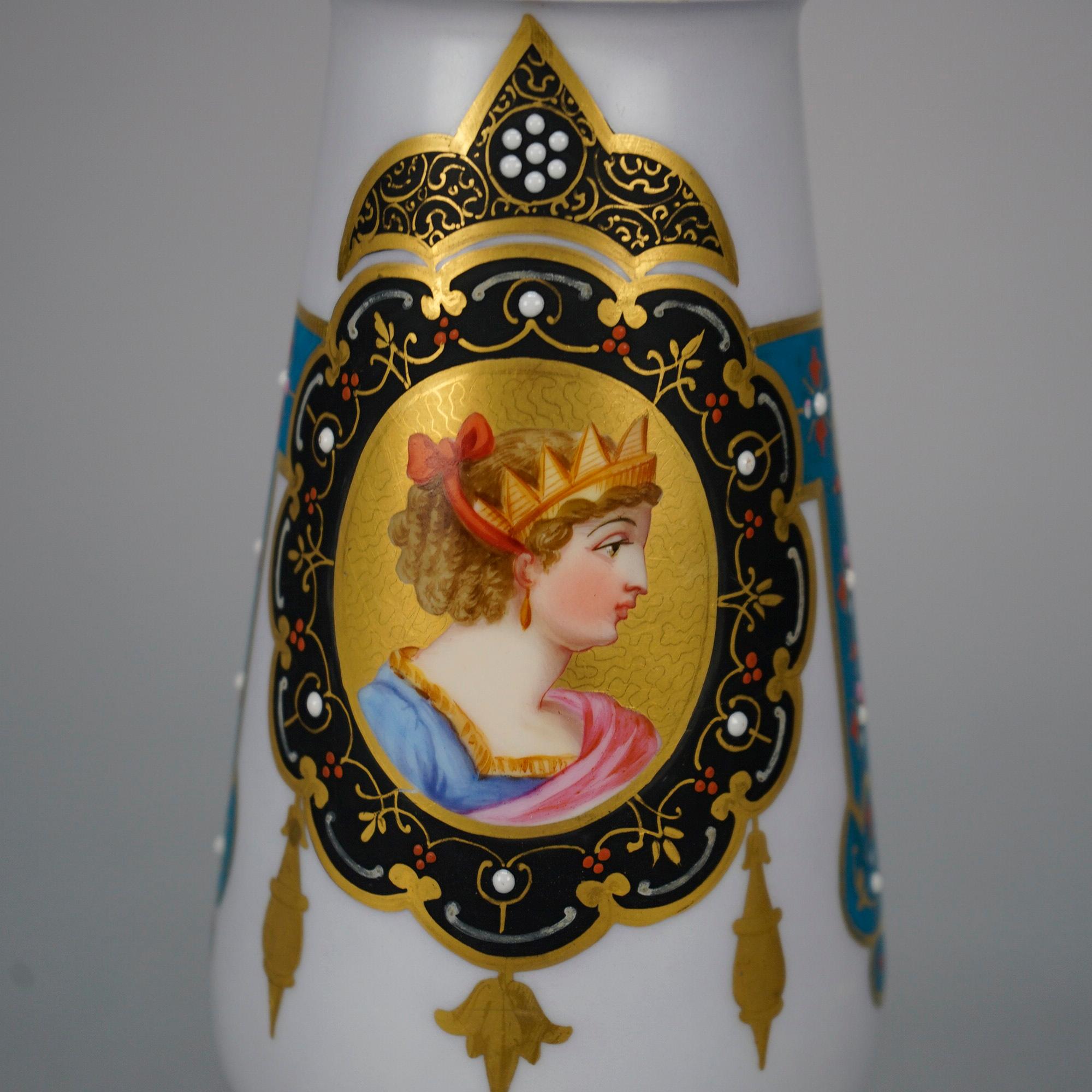 An antique French Old Paris vase offers porcelain footed construction with hand painted portrait of a princess and gilt highlights throughout, 19th century

Measures- 8''H x 3.5''W x 3.5''D.