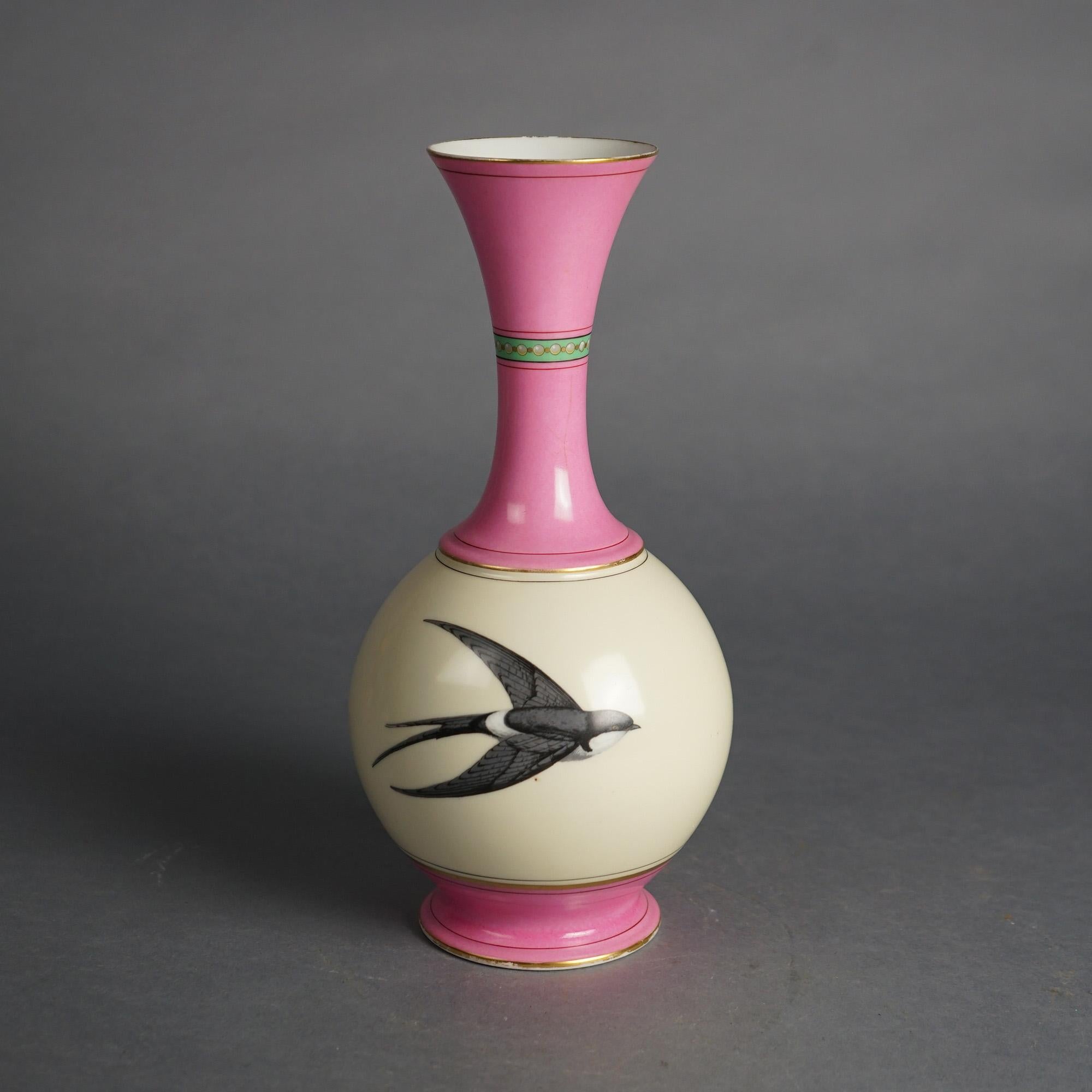 Antique French Old Paris Hand Painted Porcelain Vase with Dove & Swallow C1860 In Good Condition In Big Flats, NY