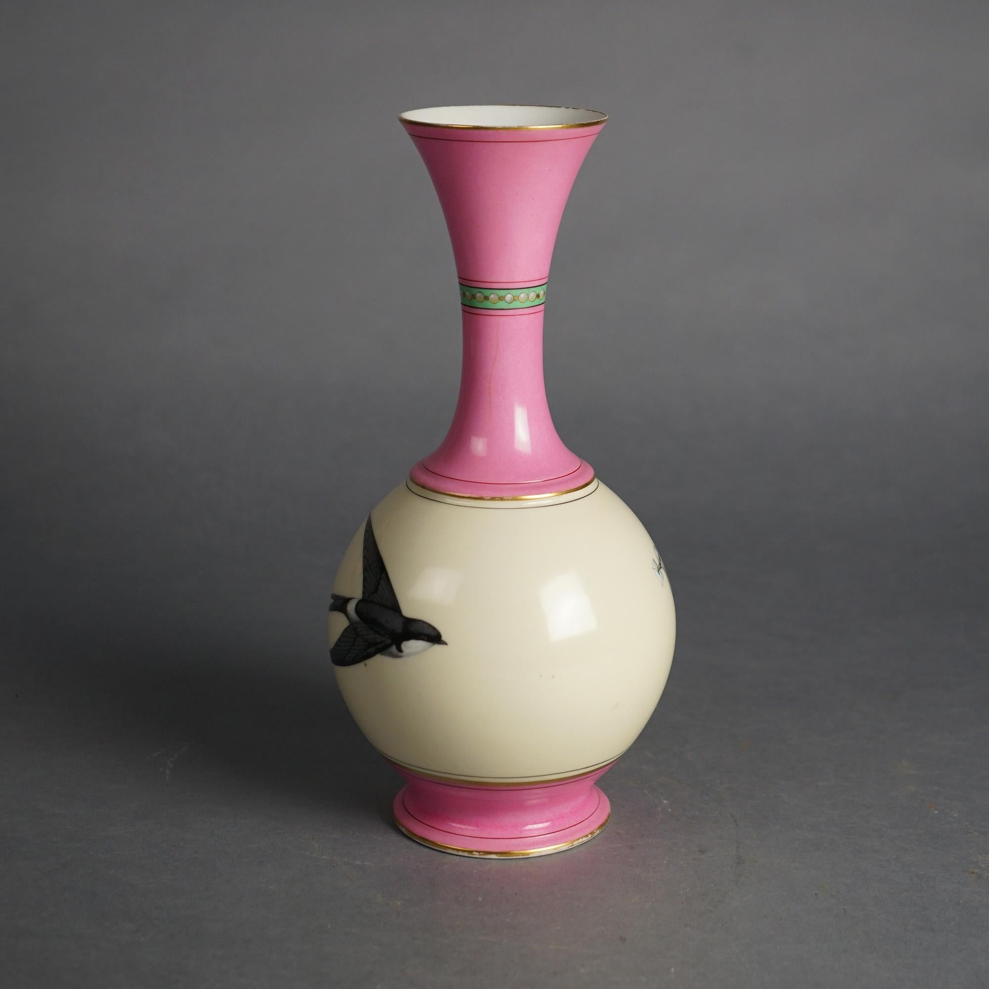 19th Century Antique French Old Paris Hand Painted Porcelain Vase with Dove & Swallow C1860