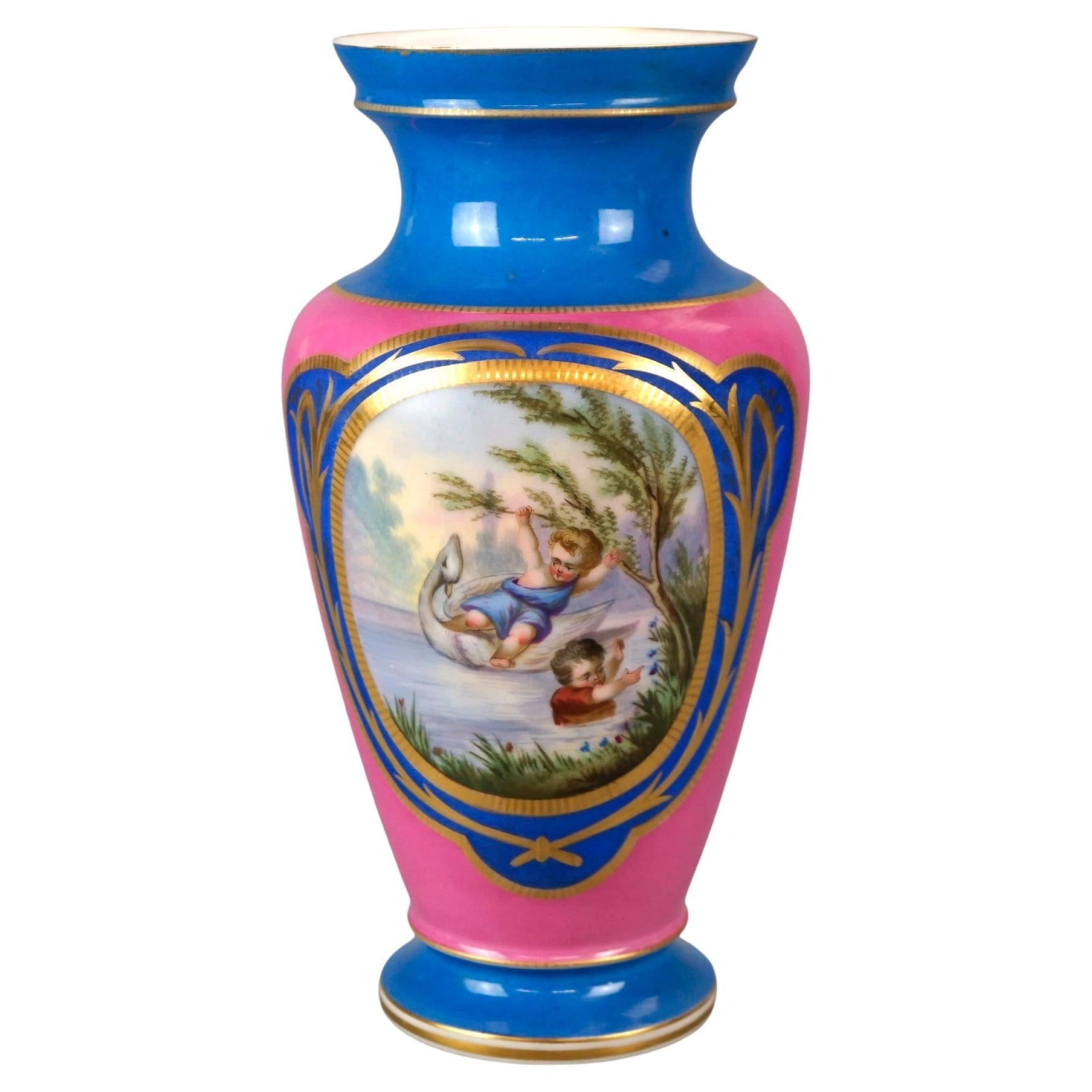 Antique French Old Paris Porcelain Genre Portrait Vase with Children 19th C For Sale