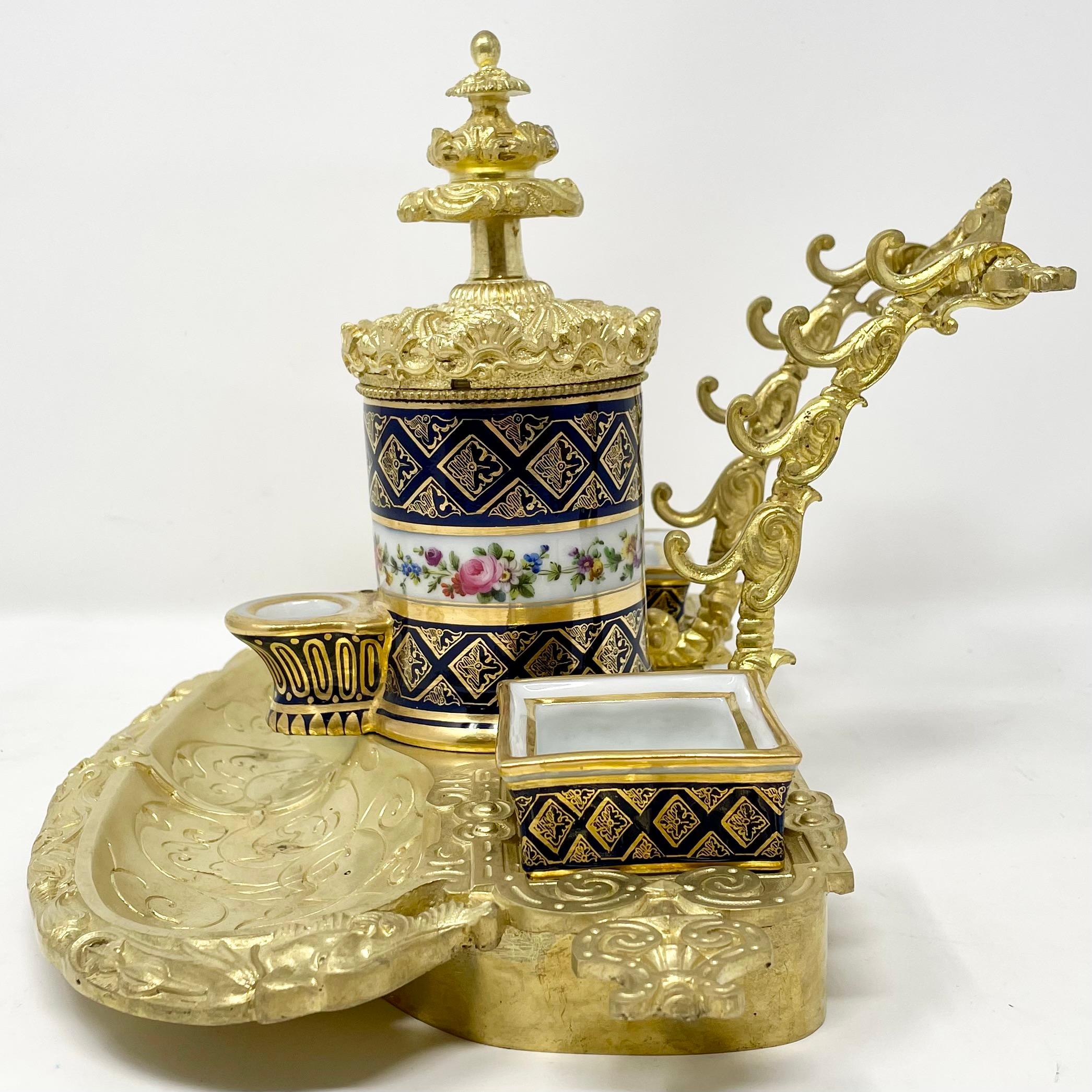 19th Century Antique French Old Paris Porcelain & Gold Bronze Inkwell, Circa 1840. For Sale