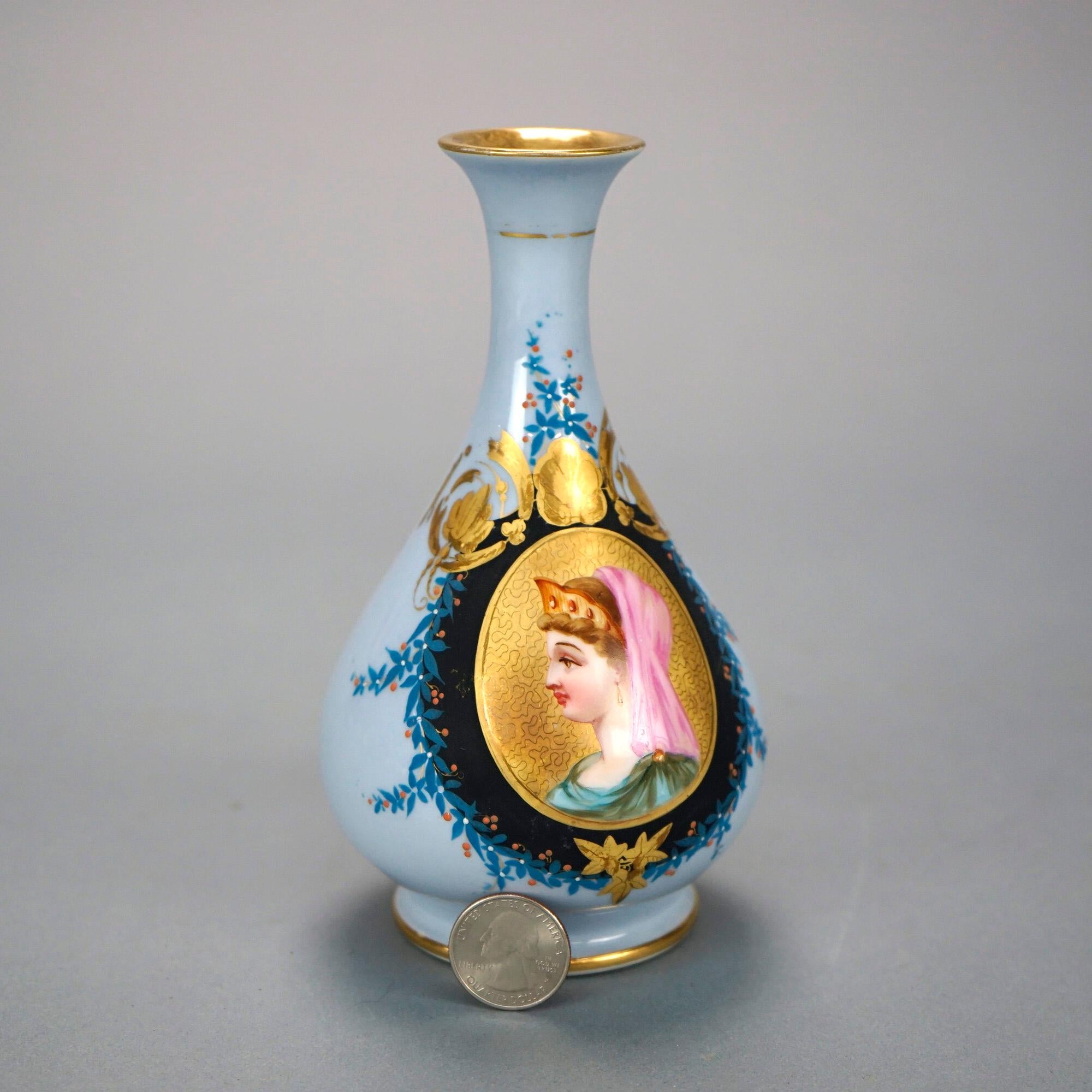 An antique French Old Paris vase offers porcelain construction with hand painted portrait of a princess, gilt highlights throughout, 19th century

Measures- 6.5'' H x 3.5'' W x 3.5'' D.