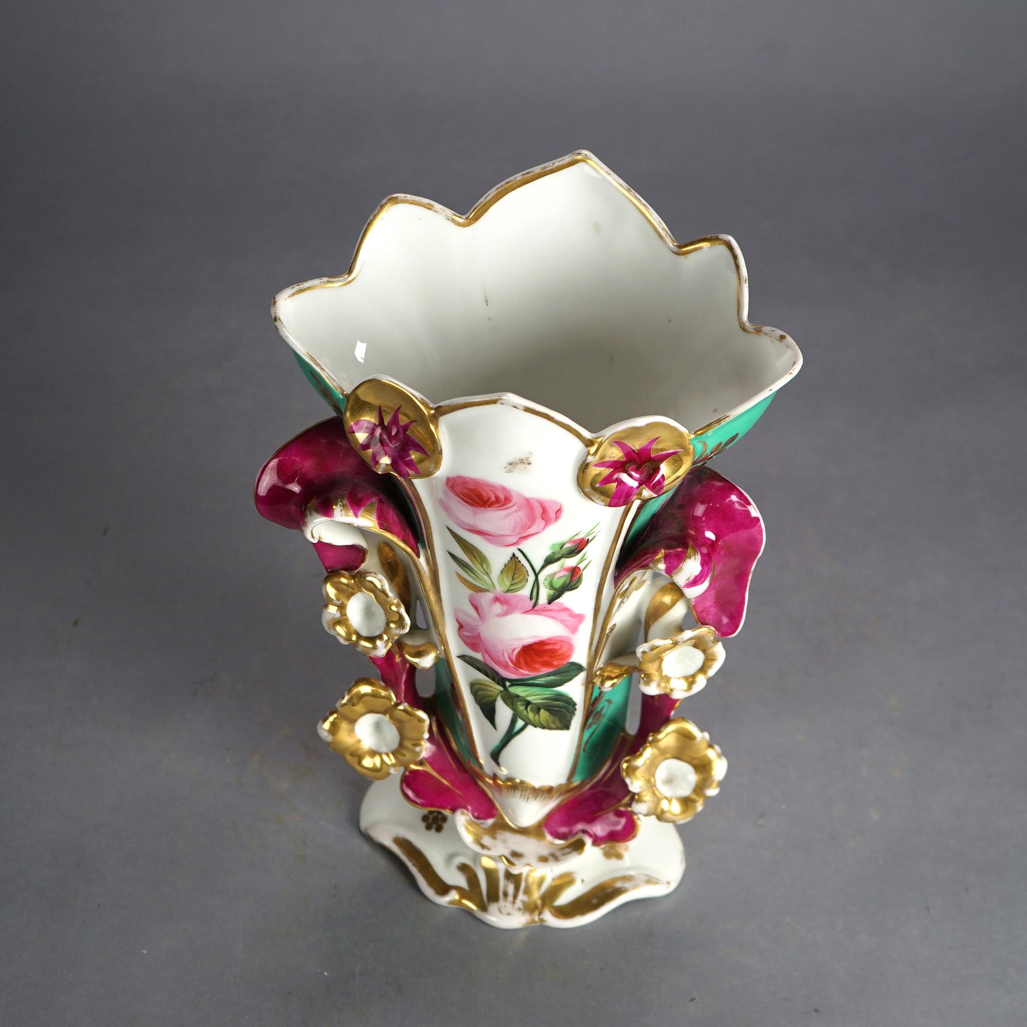 Antique French Old Paris Porcelain Hand Painted & Gilt Spill Vase with Roses C1880

Measures- 14.75''H x 9''W x 6.75''D