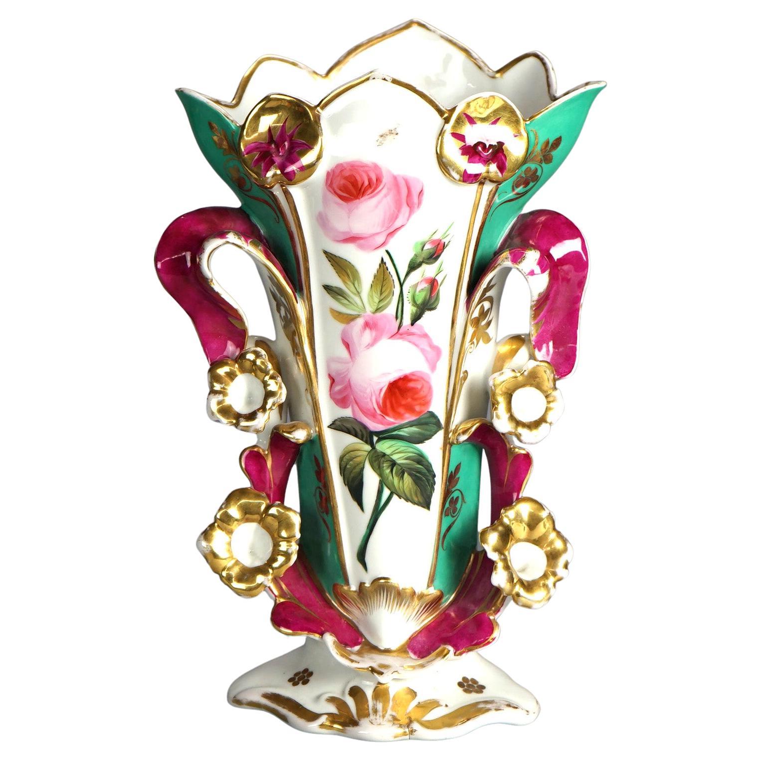 Antiquité française Old Paris Porcelaine peinte à la main et dorée Vase à déversement C1880 en vente