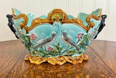 Antique French Onnaing Majolica Cache Pot Planter Bowl Jardiniere Love Birds