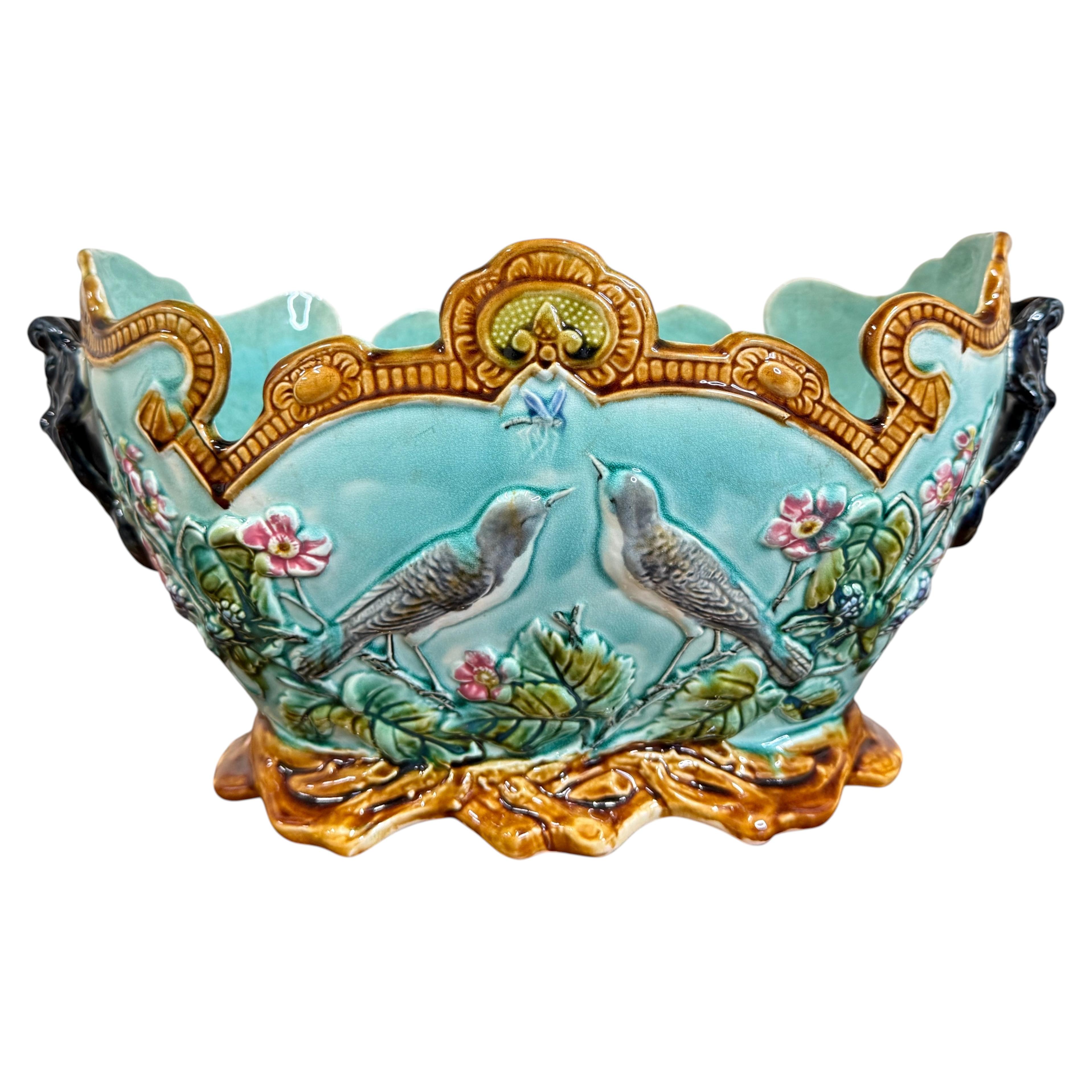 Antique French Onnaing Majolica Cache Pot Planter Bowl Jardiniere Love Birds For Sale