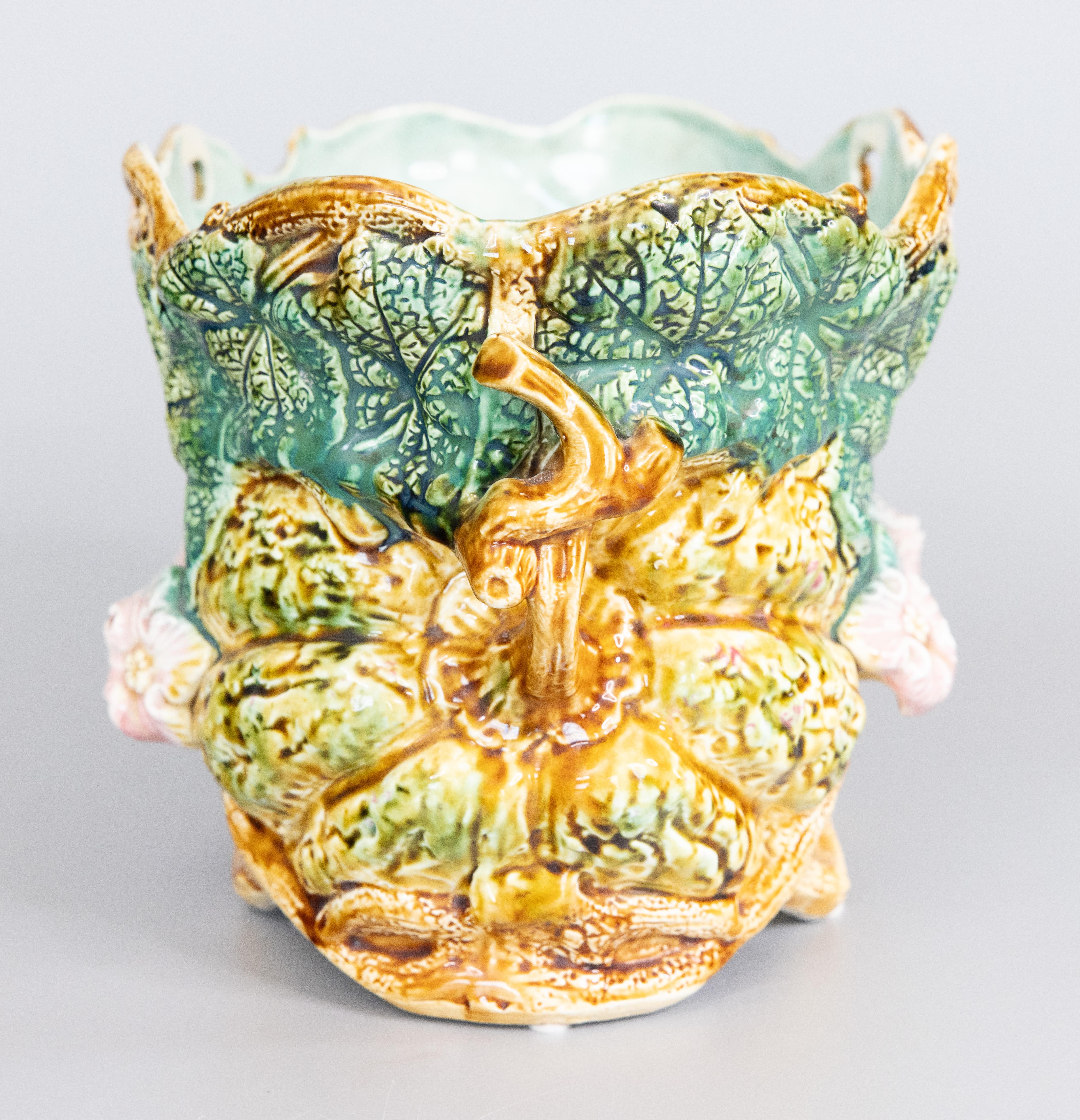 French Provincial Antique French Onnaing Majolica Pumpkin Cachepot Jardiniere Planter, circa 1880