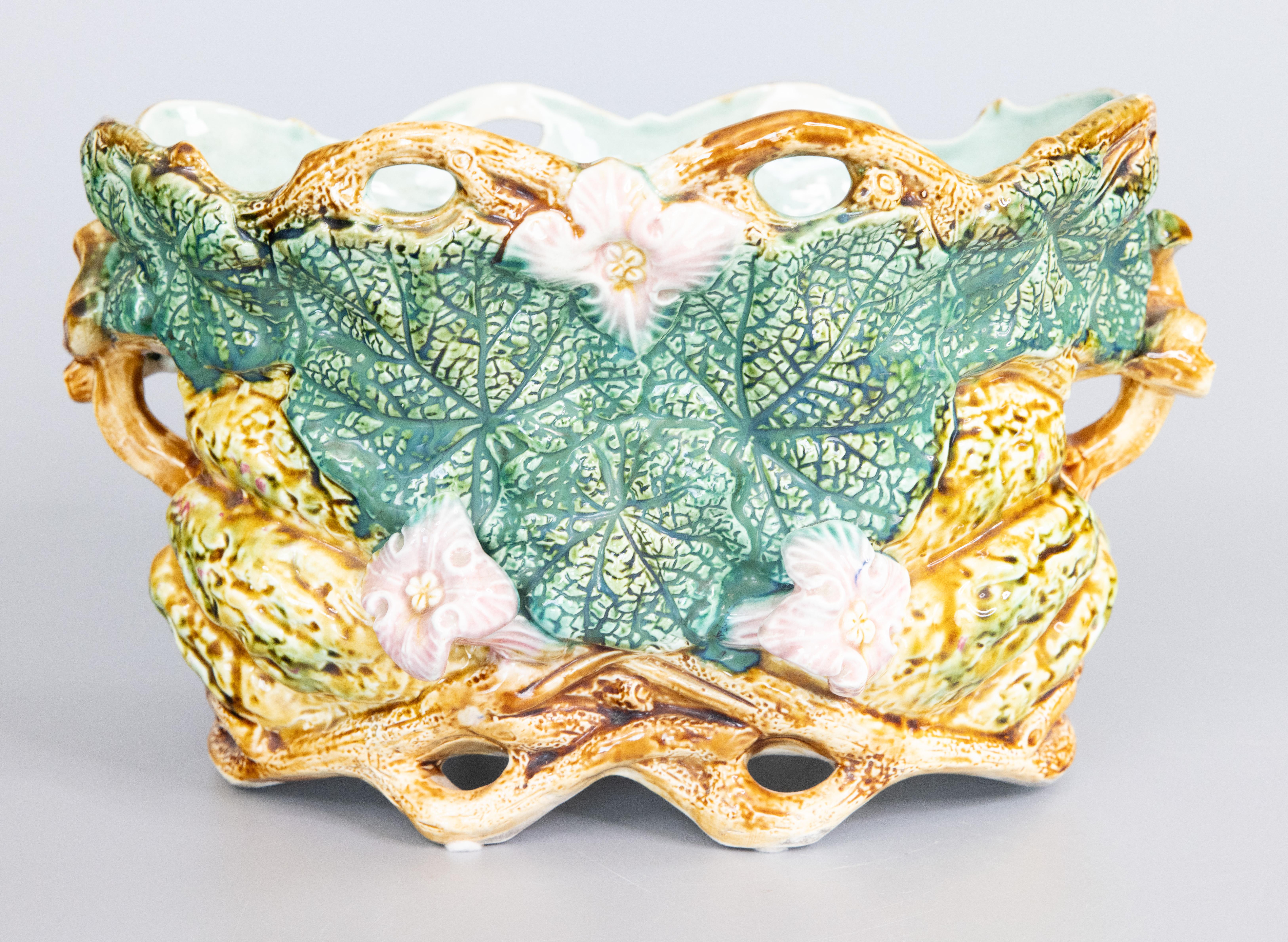 Antique French Onnaing Majolica Pumpkin Cachepot Jardiniere Planter, circa 1880 In Good Condition In Pearland, TX