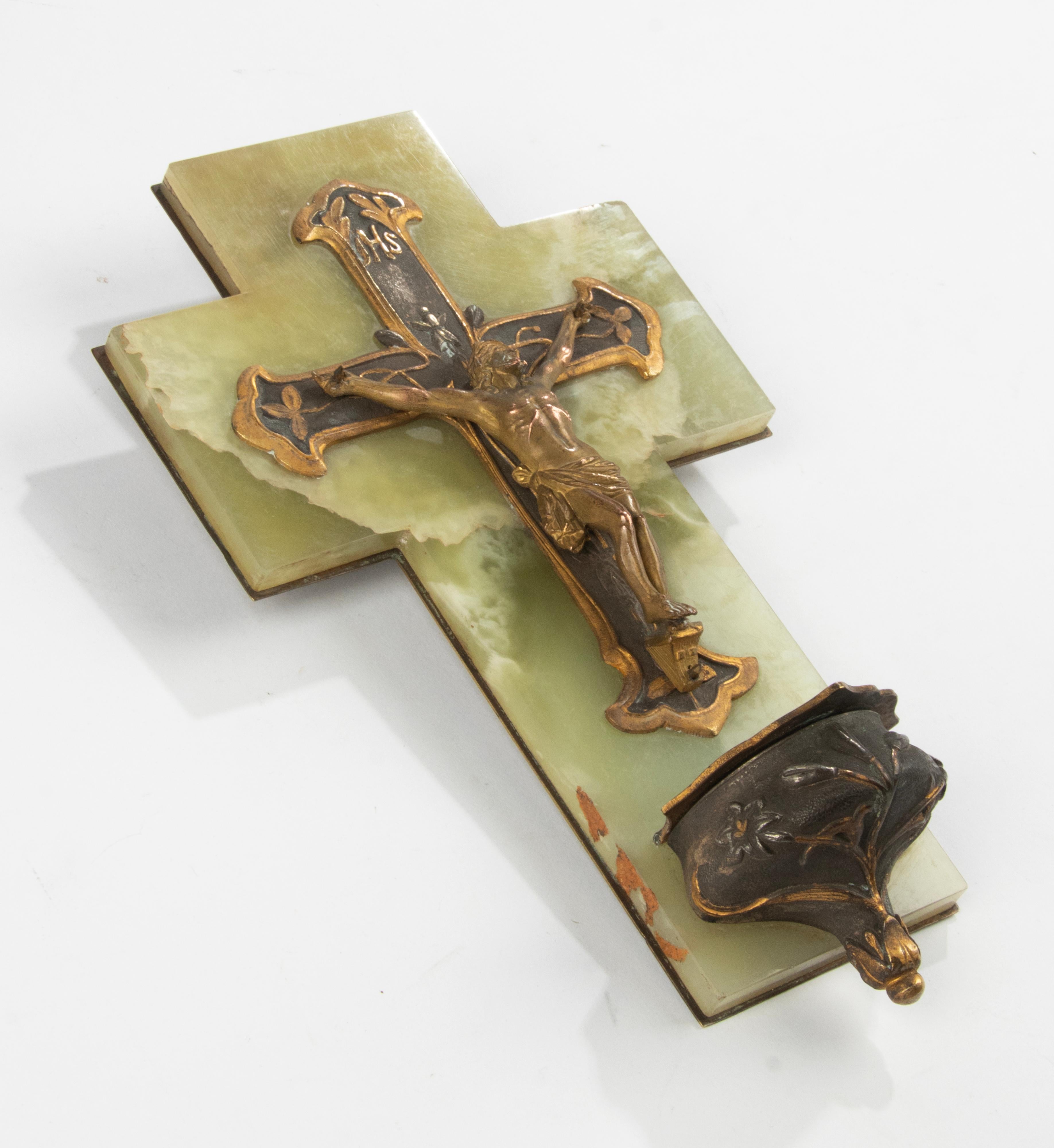 Gothic Revival Antique French  Onyx and Bronze Holy Water Font Crucifix Jesus Christ
