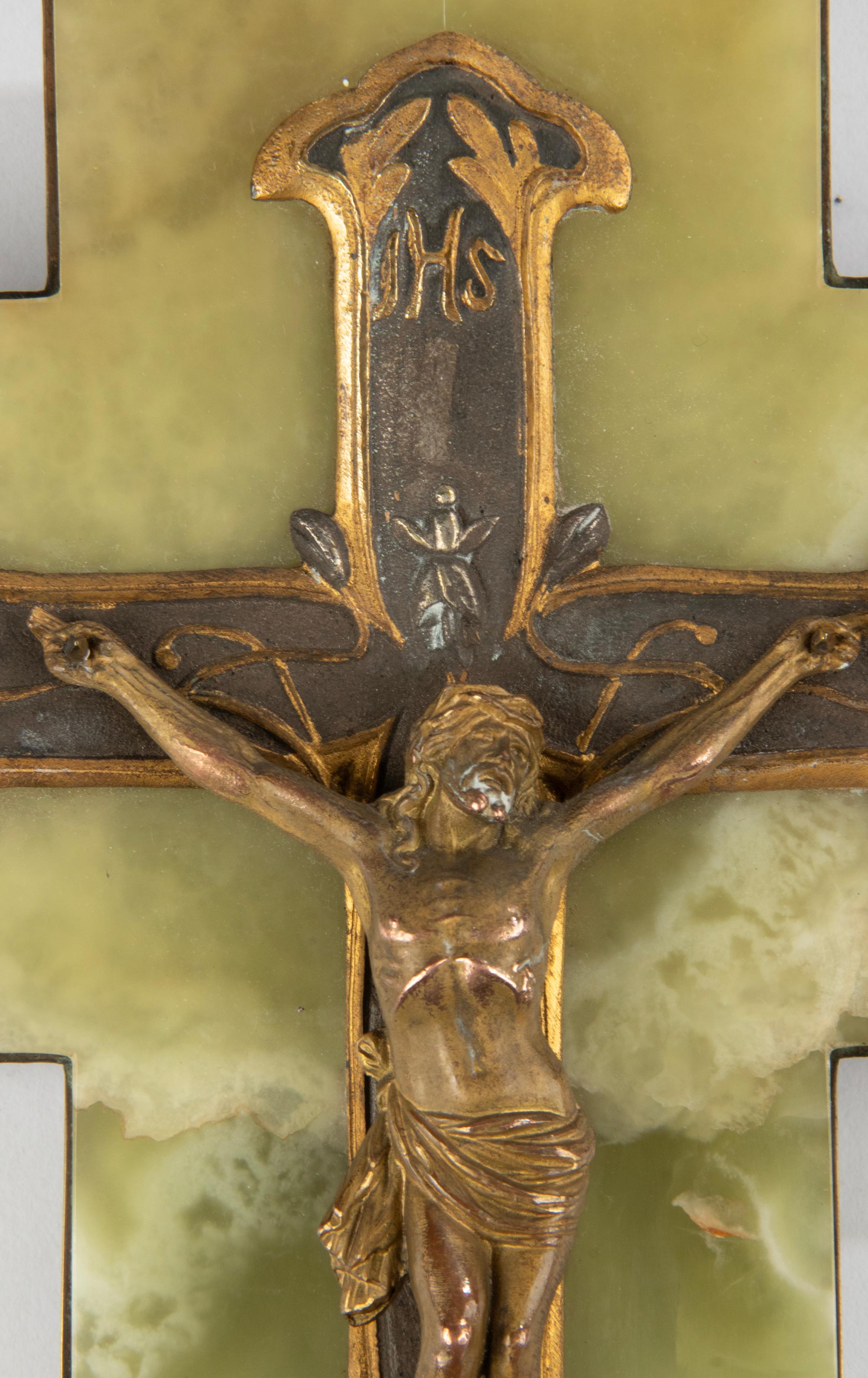 20th Century Antique French  Onyx and Bronze Holy Water Font Crucifix Jesus Christ