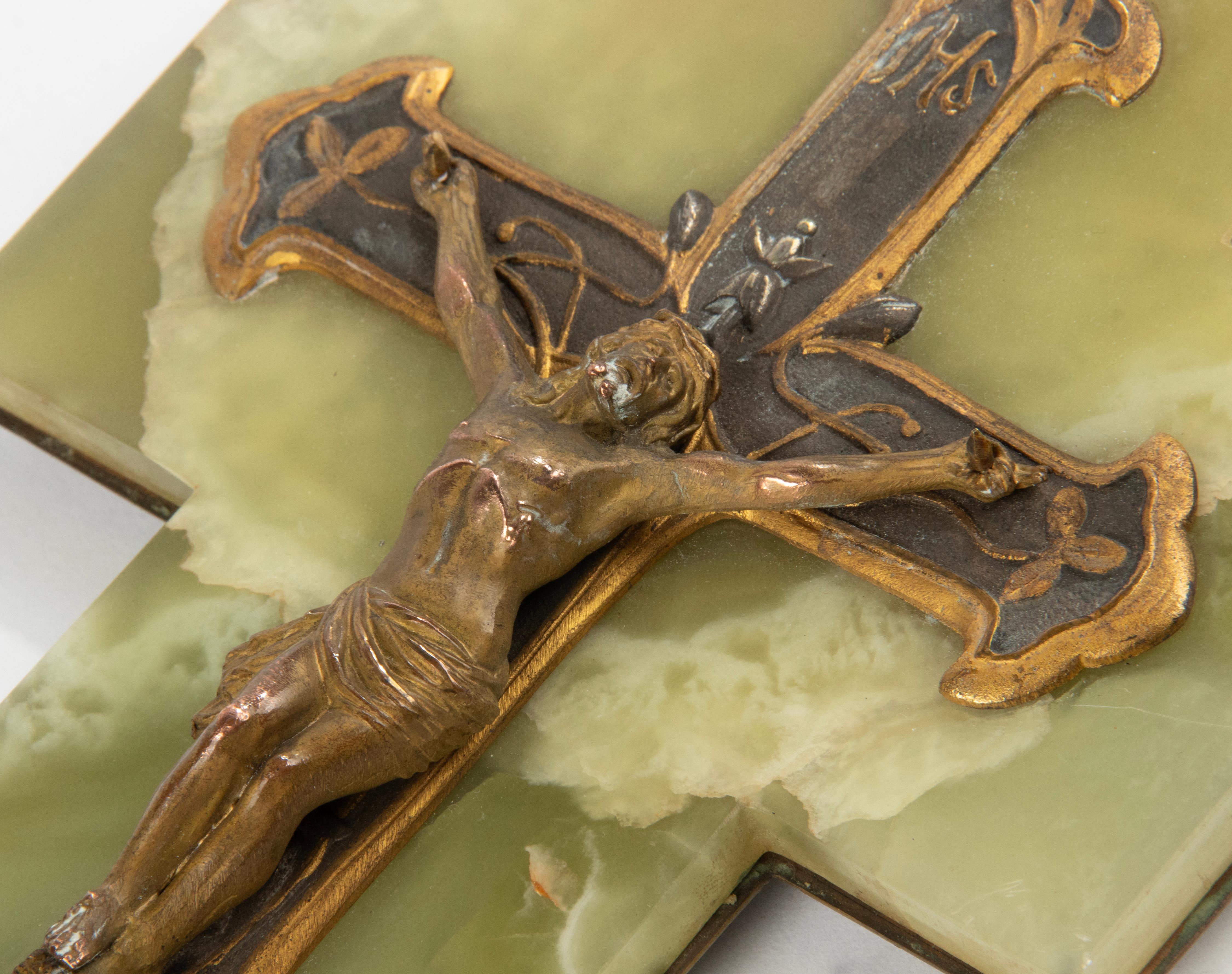 Antique French  Onyx and Bronze Holy Water Font Crucifix Jesus Christ 2