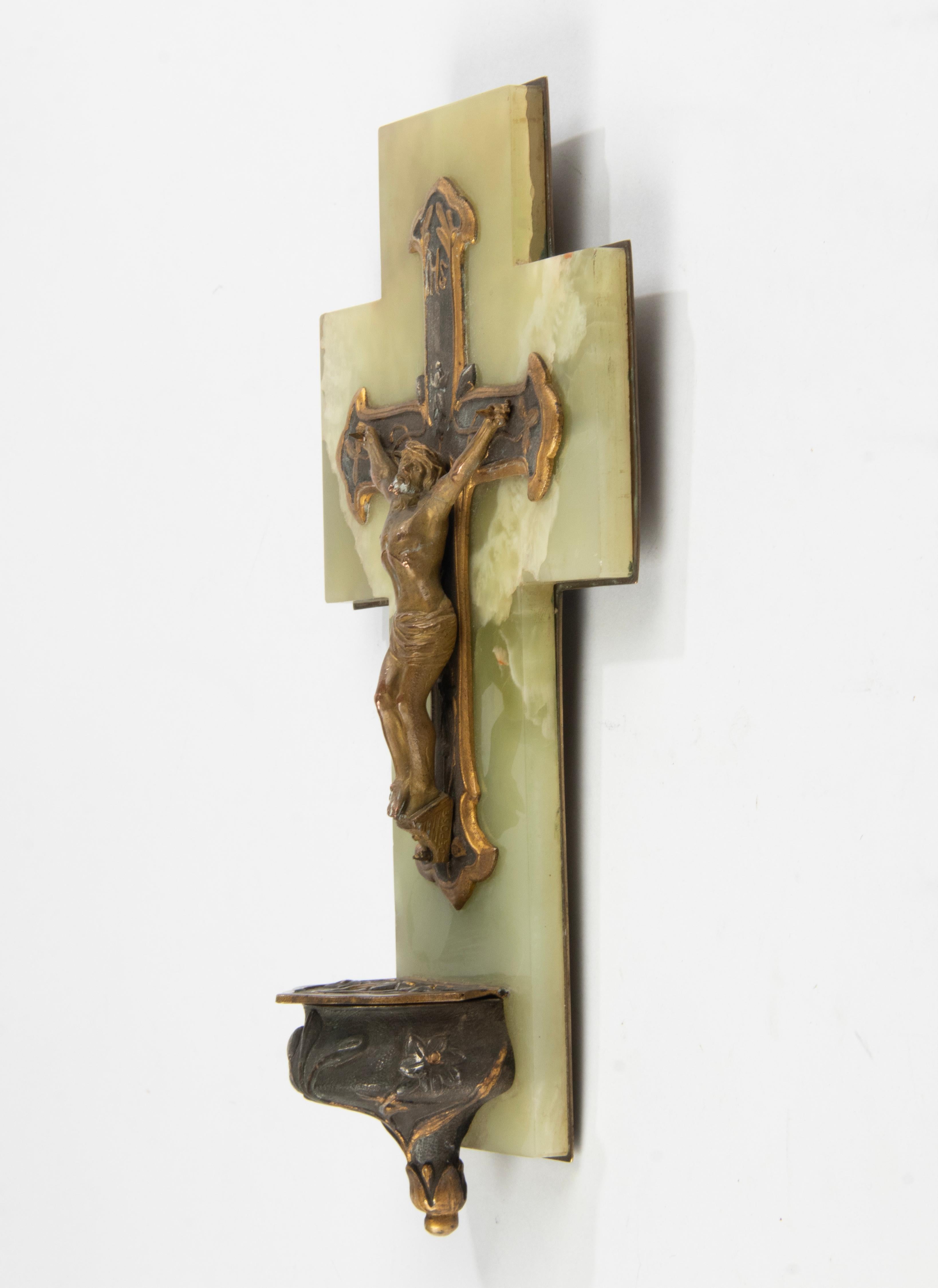 Antique French  Onyx and Bronze Holy Water Font Crucifix Jesus Christ 3