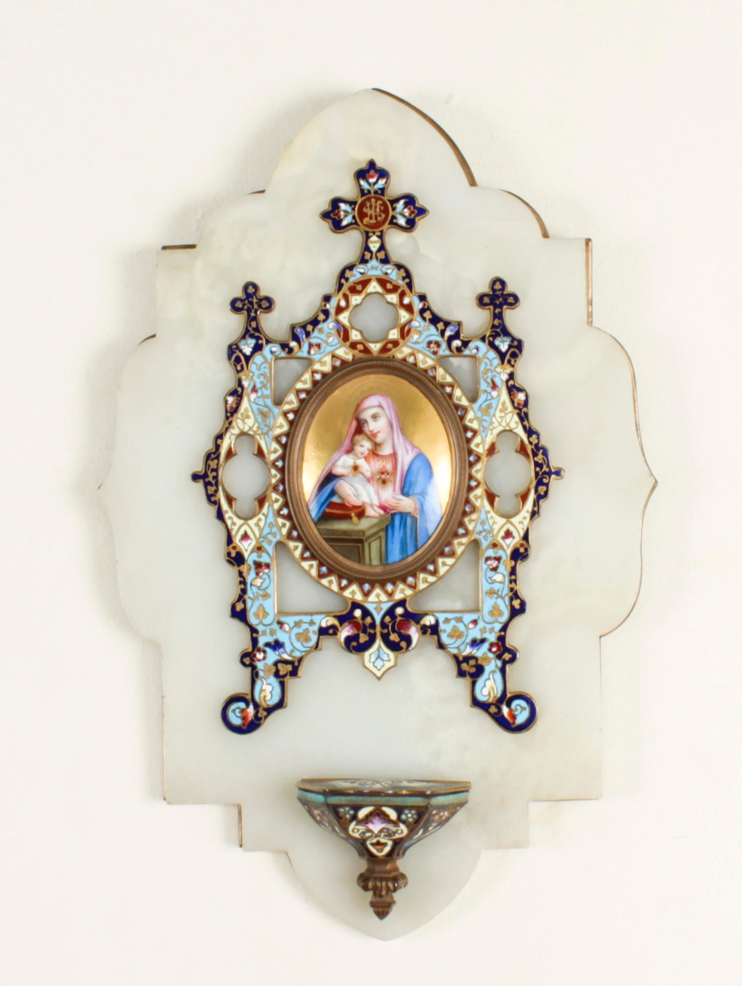 Antique French Onyx and Cloisonne' Ename Holy Water Font Stoop 19thC 4