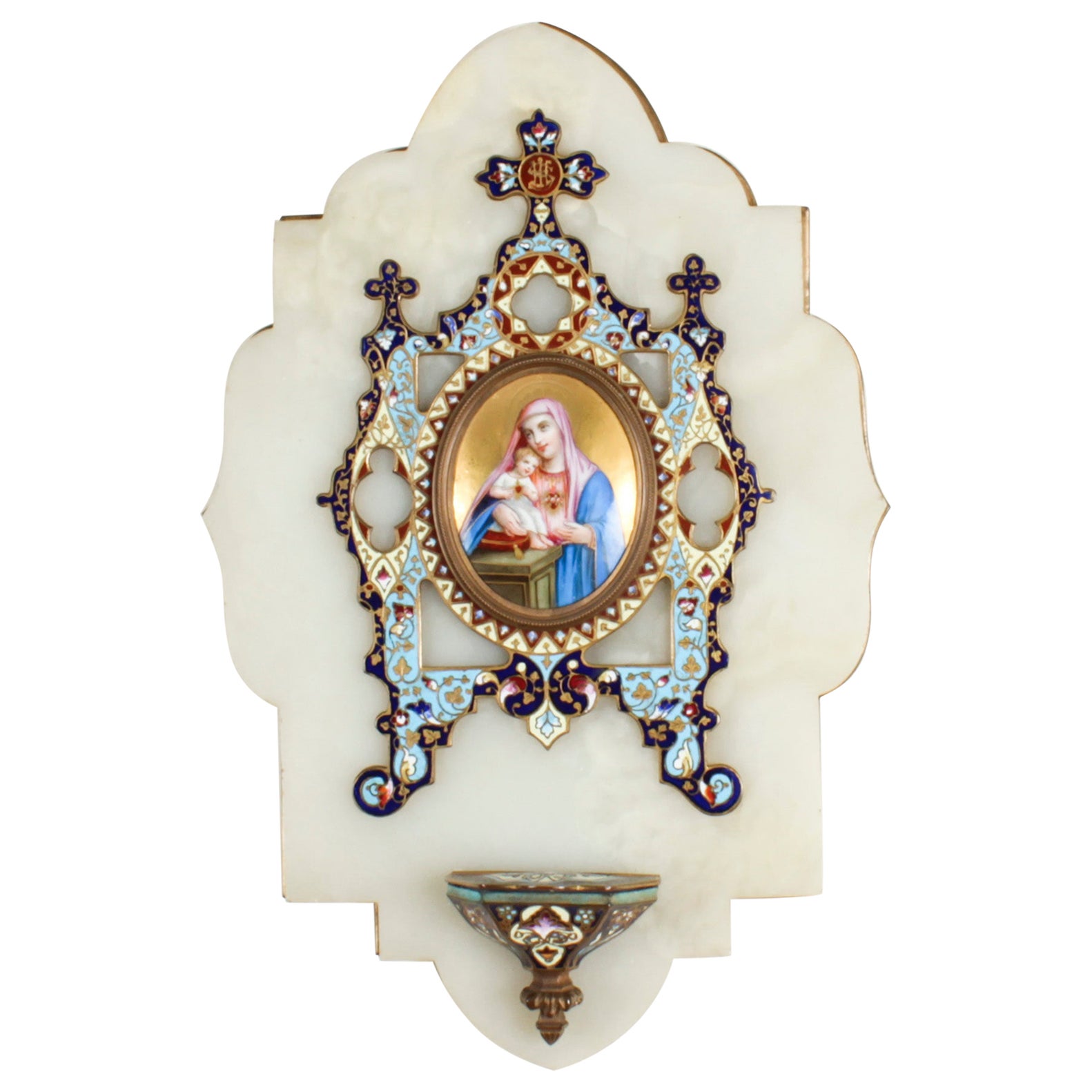 Antique French Onyx and Cloisonne' Ename Holy Water Font Stoop 19thC