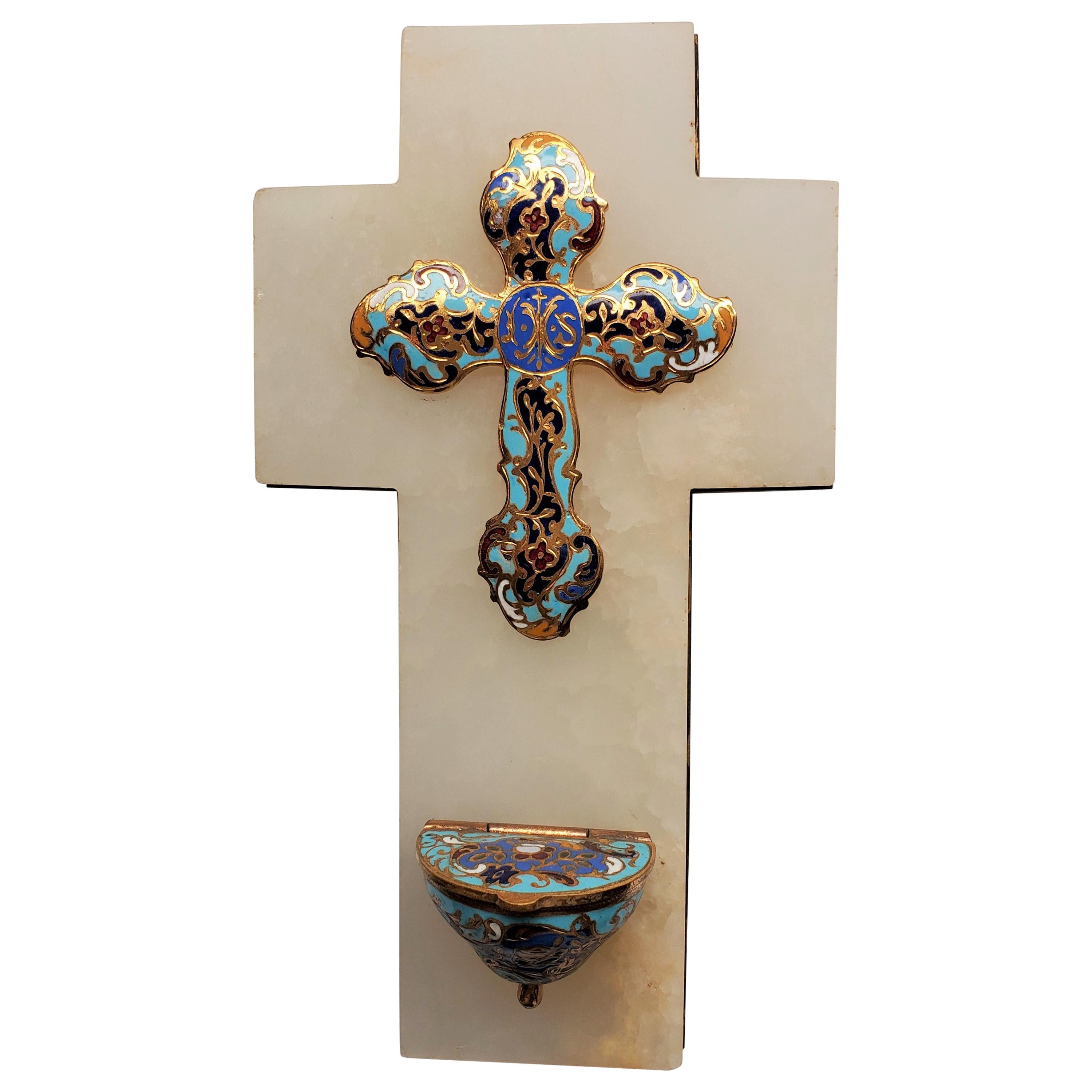 Antique French Onyx and Cloissoné  Benetier (Holy Water Font) circa 1880-1890