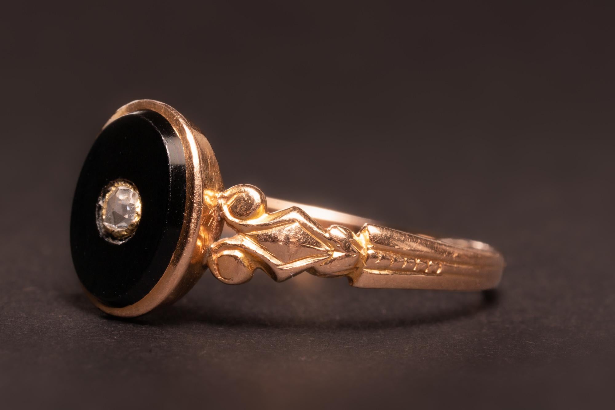High Victorian Antique French Onyx and Diamond Ring, Antique Victorian Gold Onyx Diamond Ring