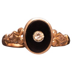 Antique French Onyx and Diamond Ring, Antique Victorian Gold Onyx Diamond Ring