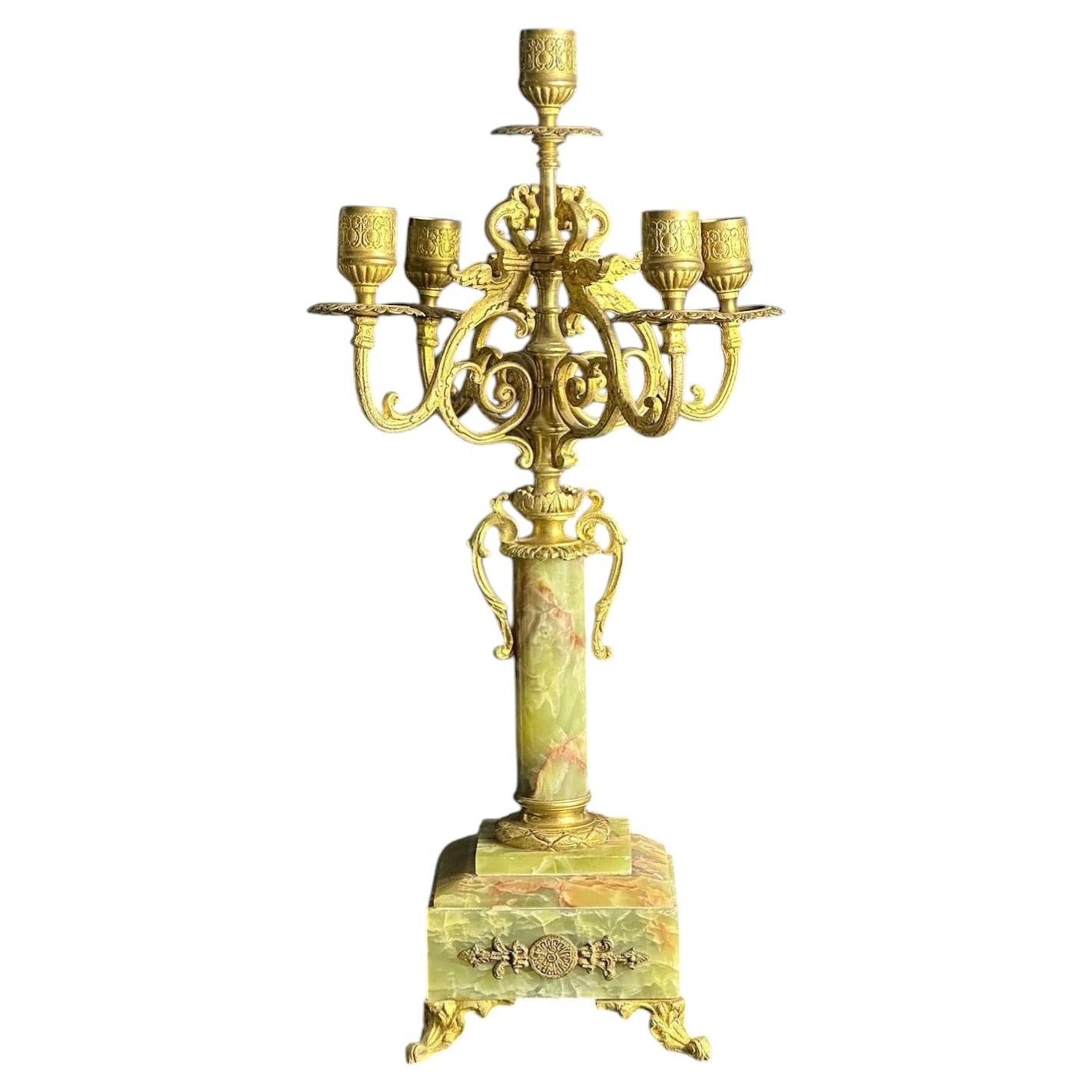 Antique French Onyx and Gilt Metal Five-Light Candelabra