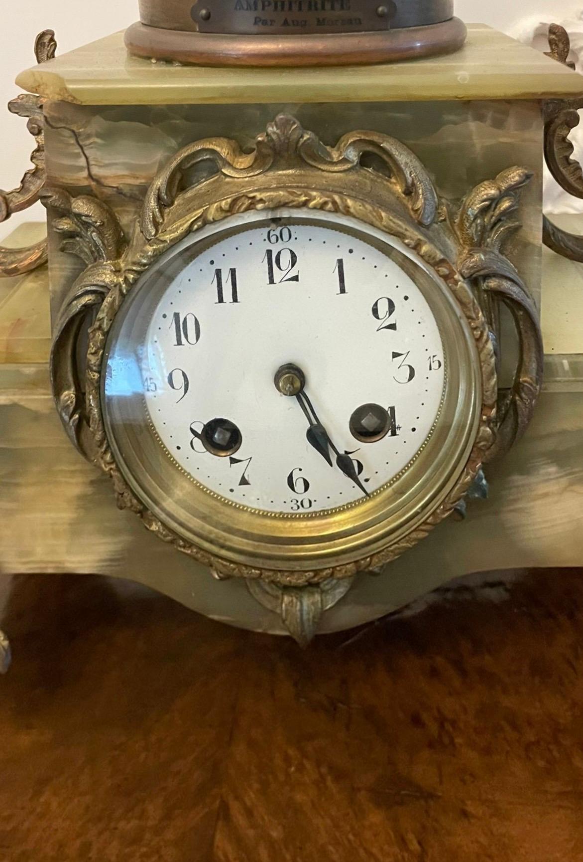 Antique French Onyx and Spelter Clock depicting Amphitrite after Auguste Moreau For Sale 6