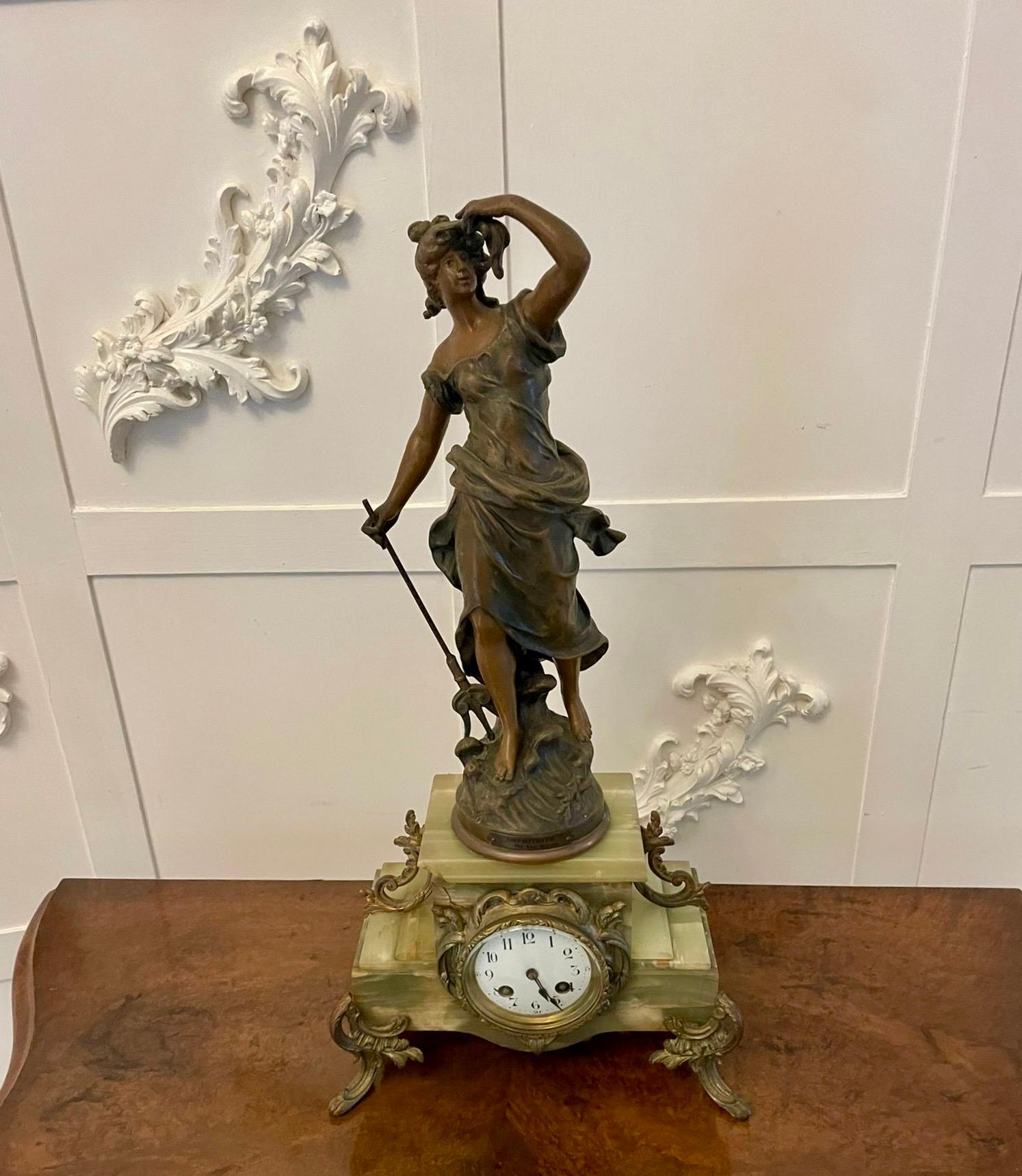 20th Century Antique French Onyx and Spelter Clock depicting Amphitrite after Auguste Moreau For Sale