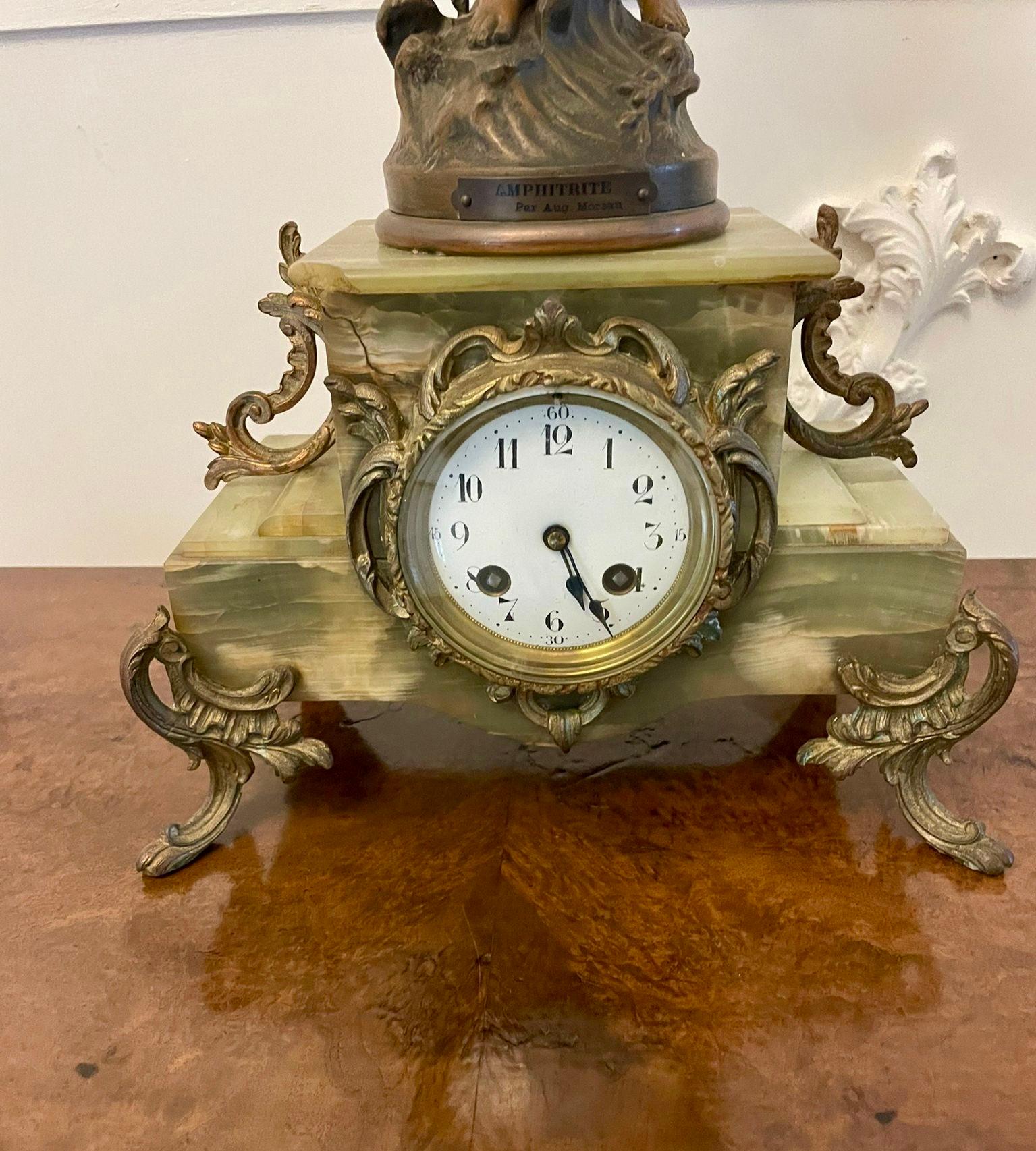 Antique French Onyx and Spelter Clock depicting Amphitrite after Auguste Moreau For Sale 1