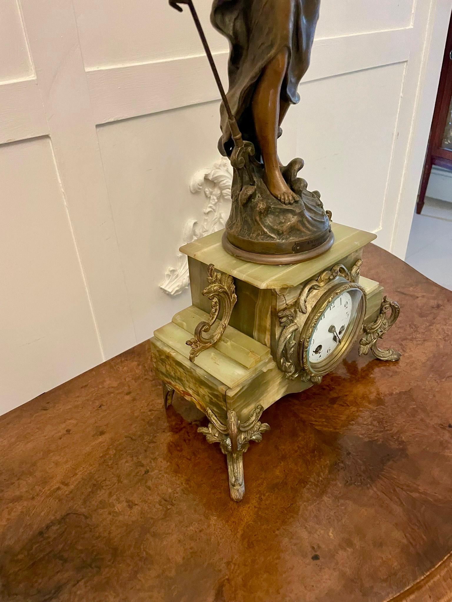Antique French Onyx and Spelter Clock depicting Amphitrite after Auguste Moreau For Sale 3
