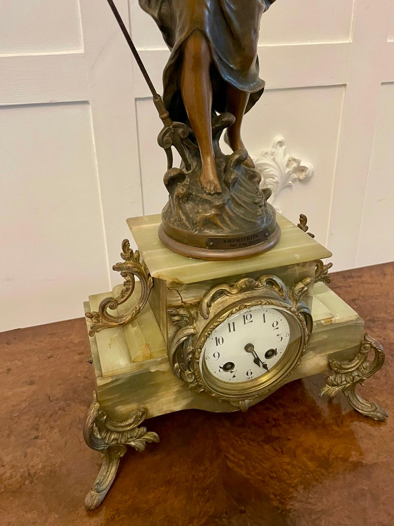 Antique French Onyx and Spelter Clock depicting Amphitrite after Auguste Moreau For Sale 4
