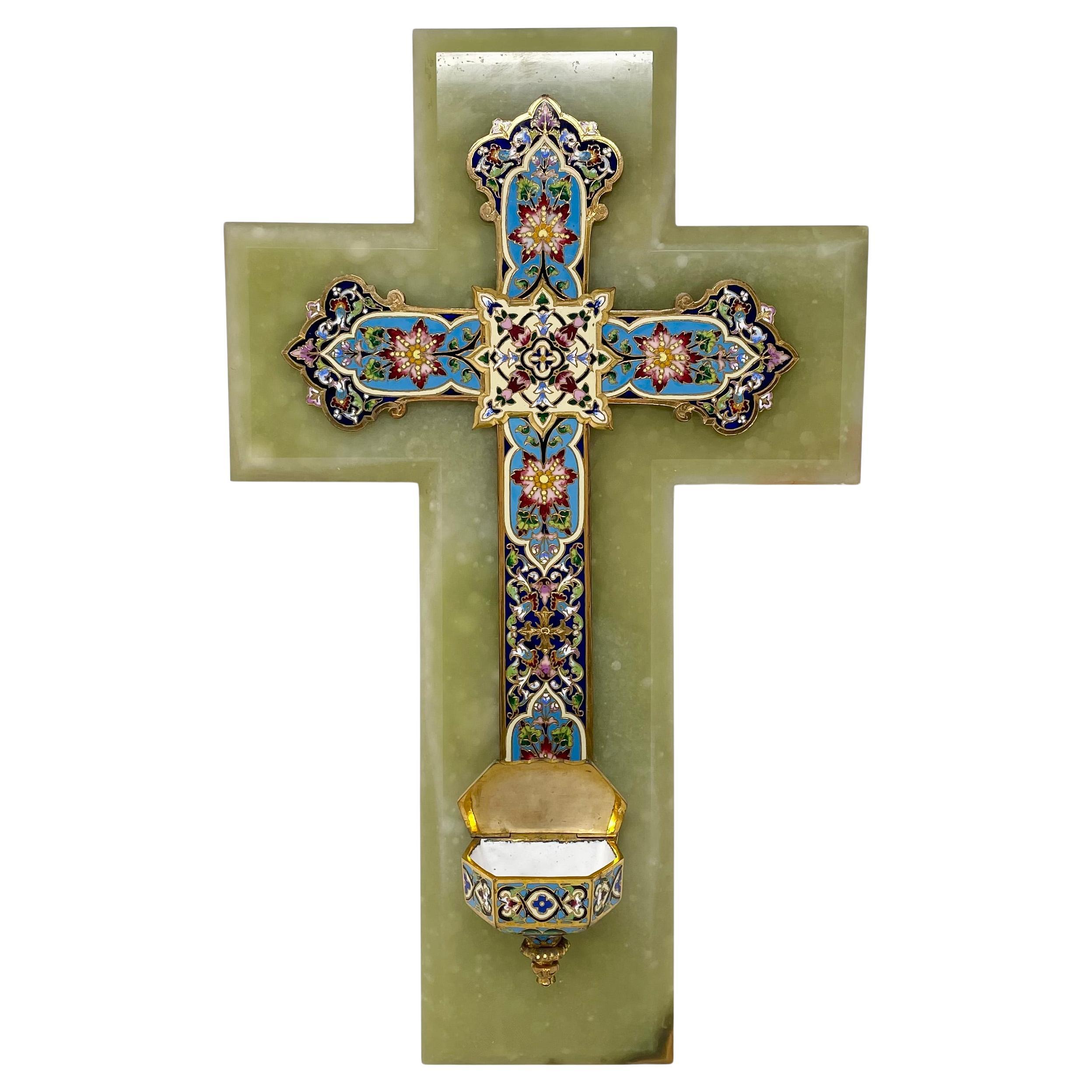 20th Century Antique French Onyx & Cloisonné Benetier 