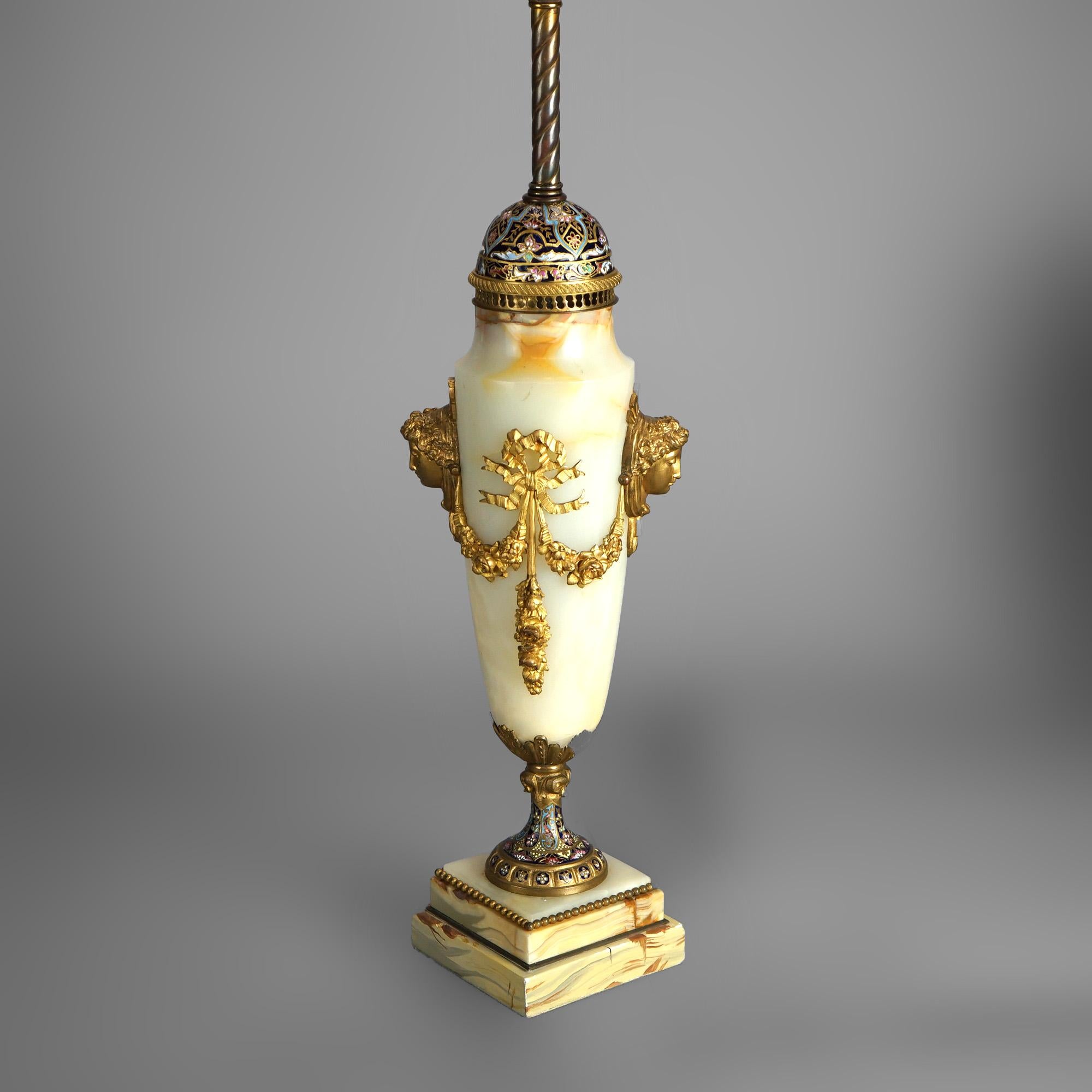 Antique French Onyx, Ormolu & Champleve Enameled Table Lamp Circa 1920 6