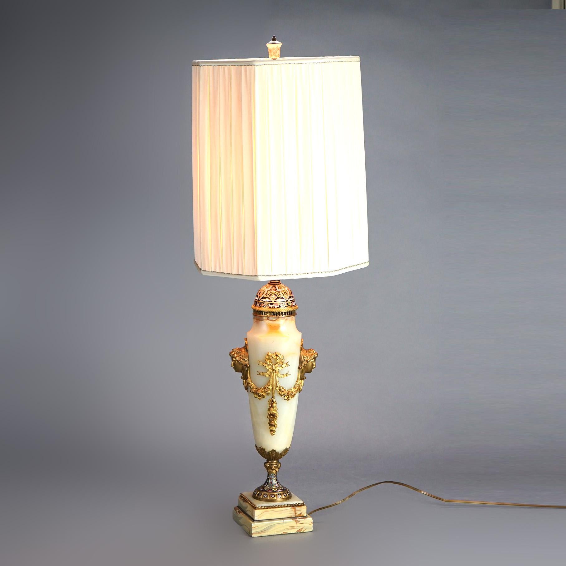 American Antique French Onyx, Ormolu & Champleve Enameled Table Lamp Circa 1920