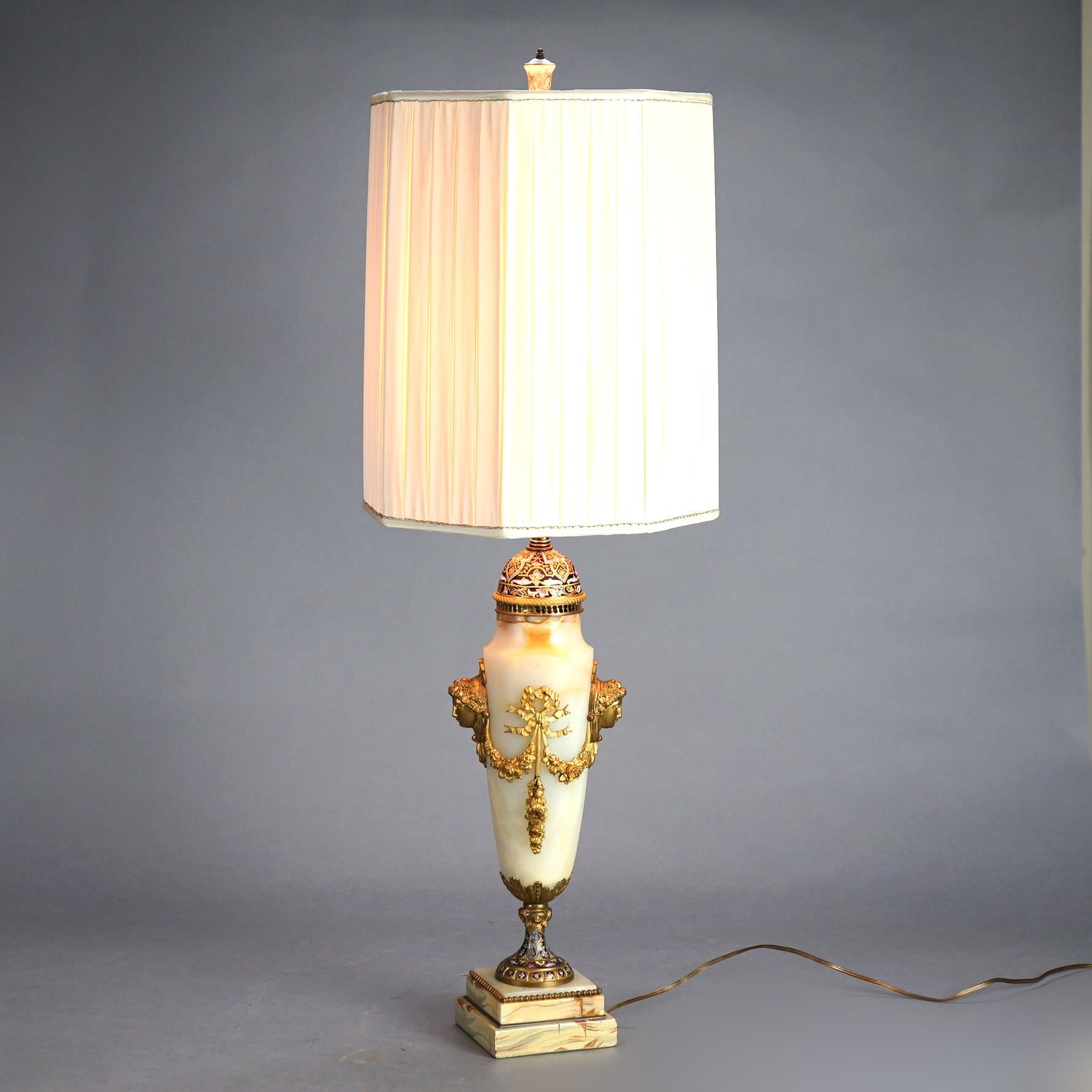 Antique French Onyx, Ormolu & Champleve Enameled Table Lamp Circa 1920 In Good Condition In Big Flats, NY