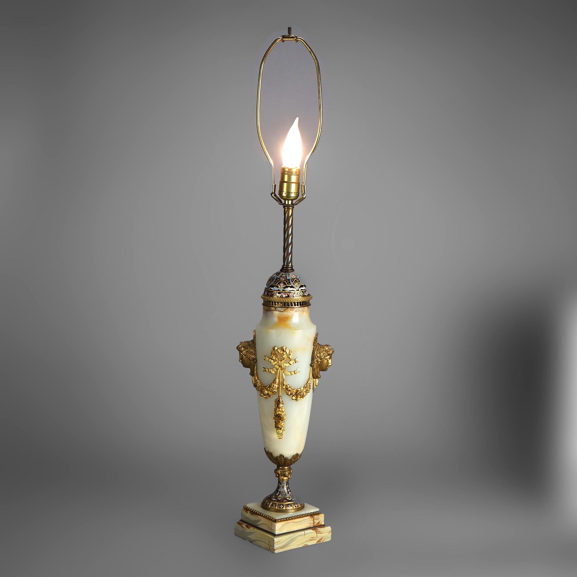 20th Century Antique French Onyx, Ormolu & Champleve Enameled Table Lamp Circa 1920