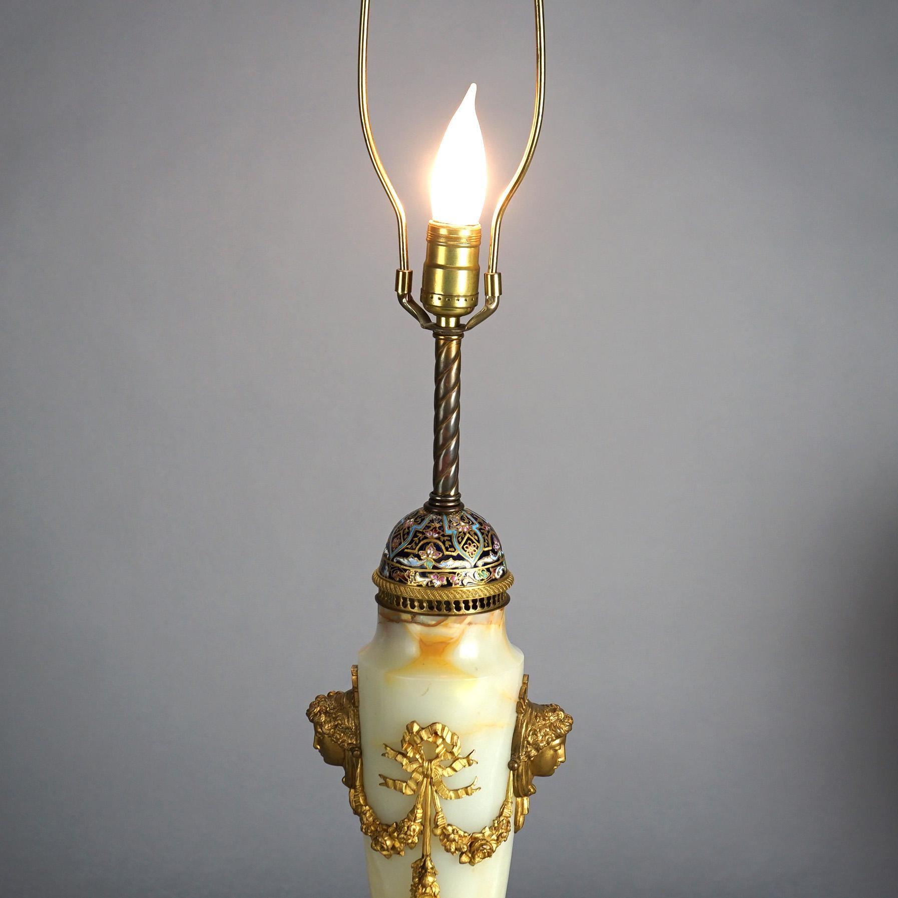 Antique French Onyx, Ormolu & Champleve Enameled Table Lamp Circa 1920 1