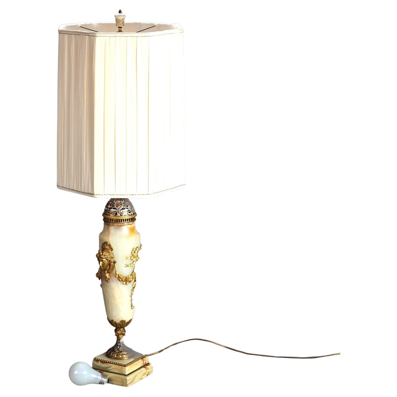 Antique French Onyx, Ormolu & Champleve Enameled Table Lamp Circa 1920