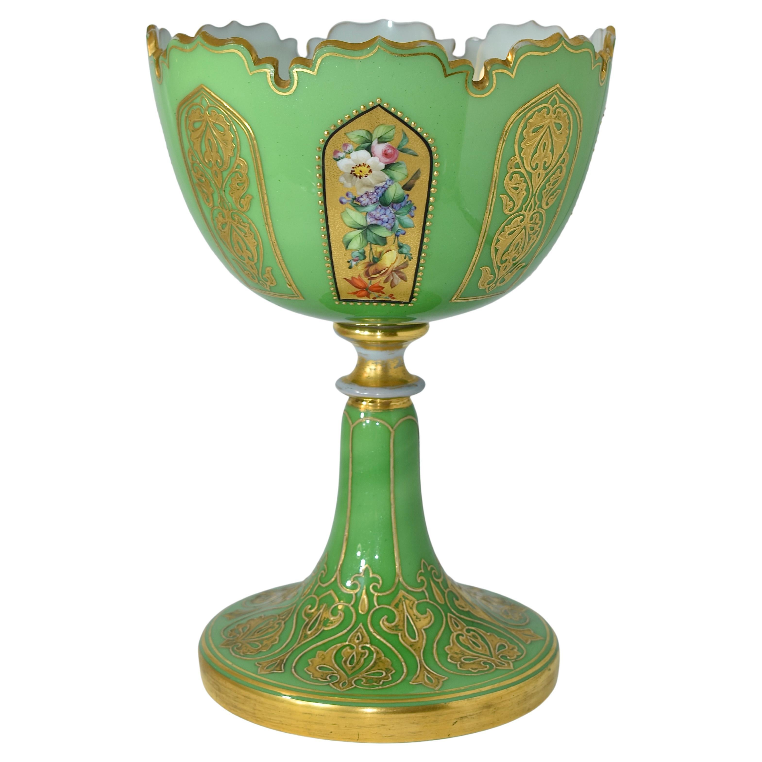 Antique French Opaline Baccarat Enamelled Glass Vase, Goblet, 19th