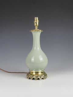Antique French Opaline Celadon and Bronze Table Lamp