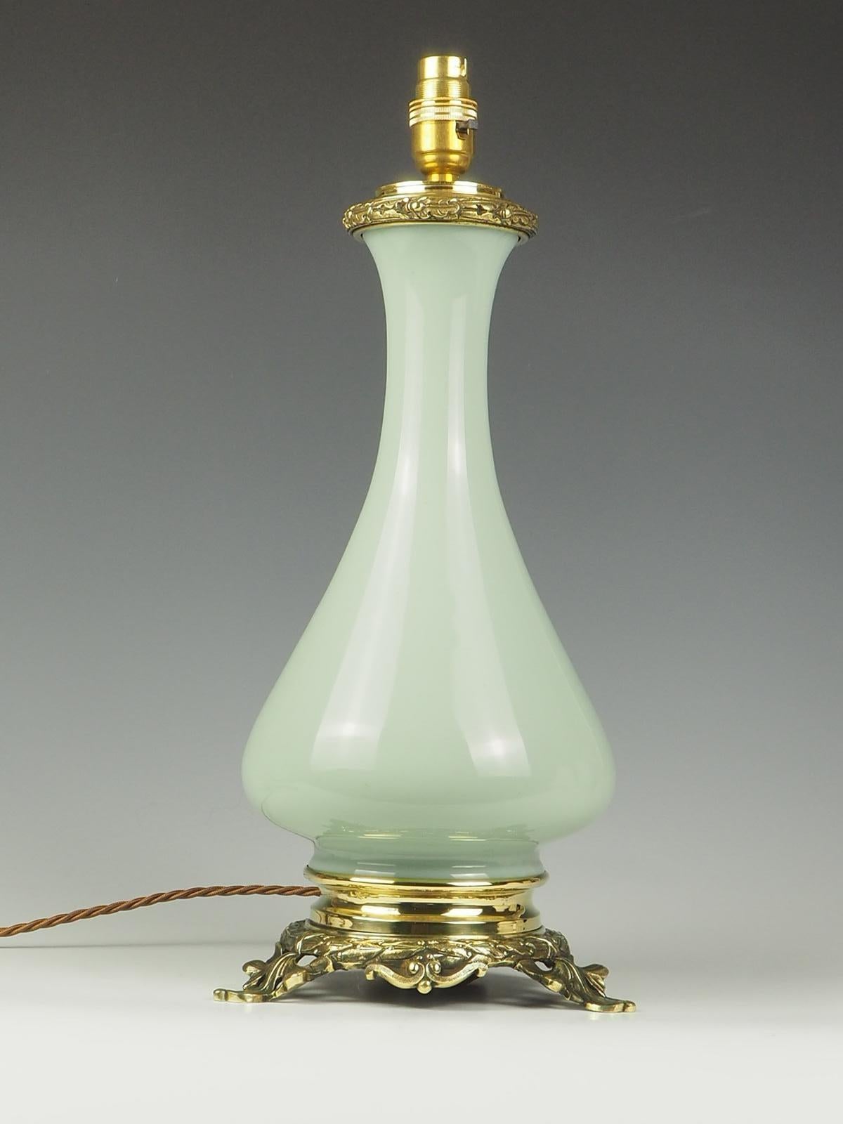 19th Century Antique French Opaline Celadon and Bronze Table Lamp