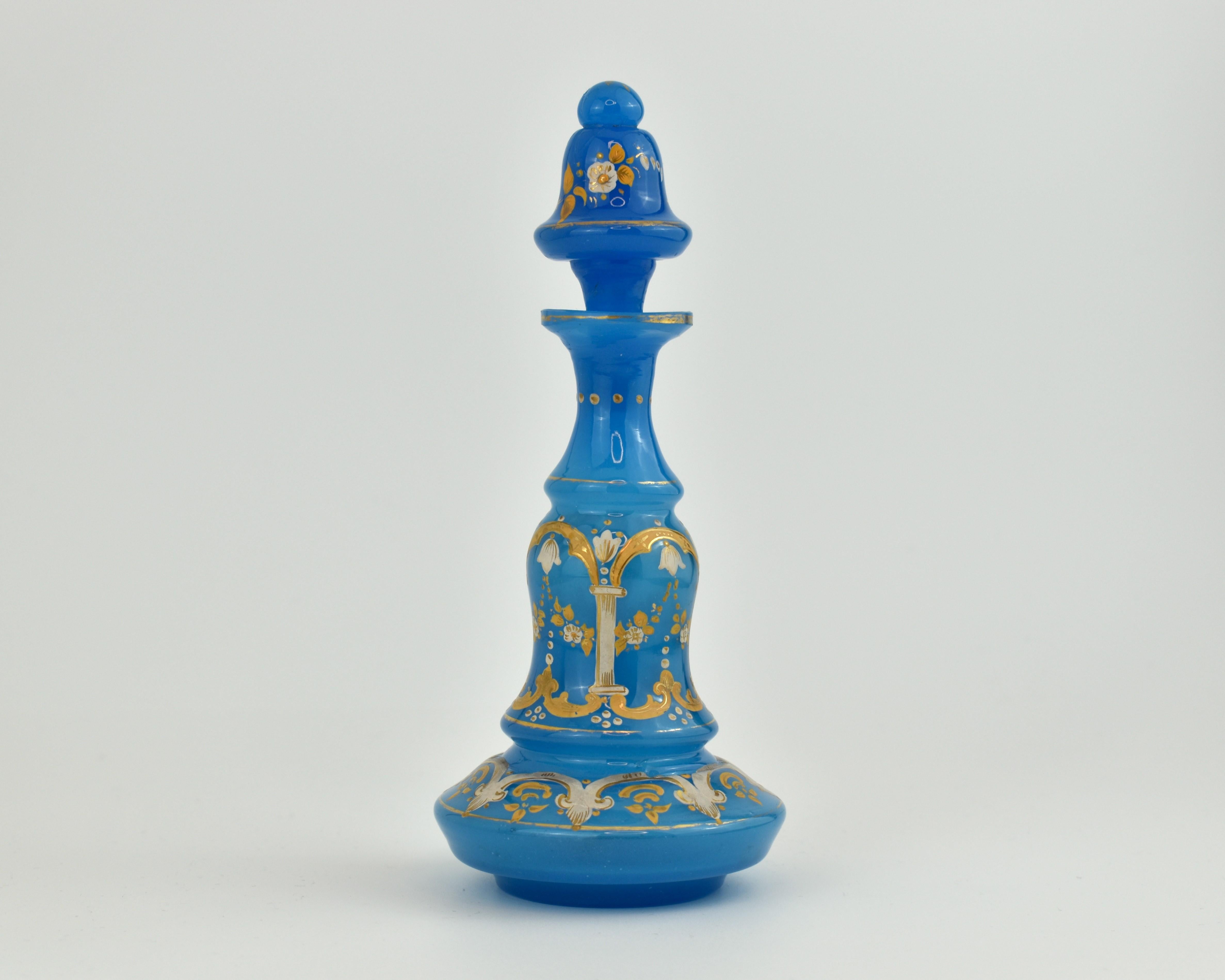Antique Opaline Perfume Bottle, Flacon with Stopper

Blue opaline glass with colourful enamel decoration and gilding highlights

France, 19th century, Napoleon III period