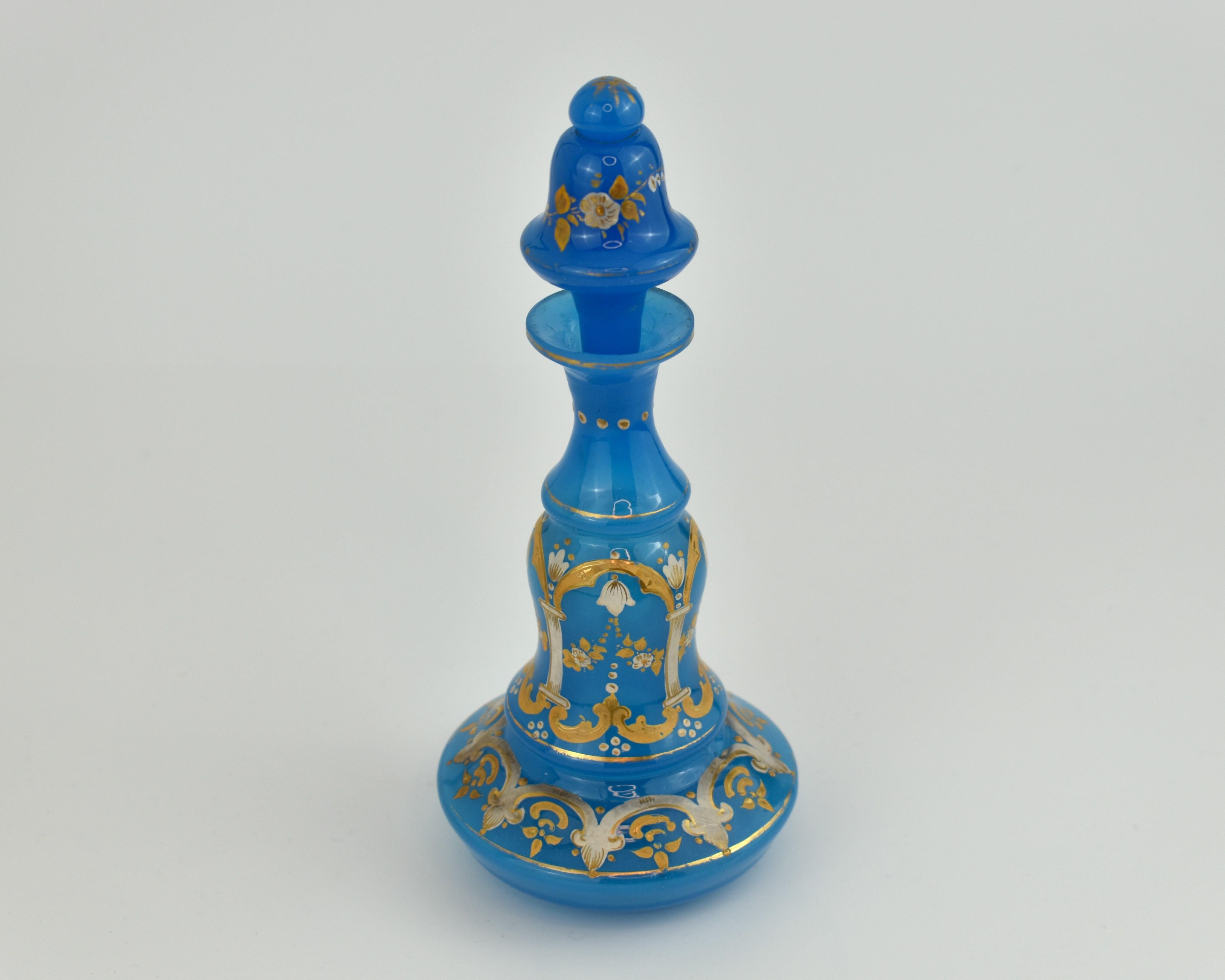 Enameled Antique French Opaline Enamelled Glass Perfume Bottle, Flacon, 19th Century For Sale