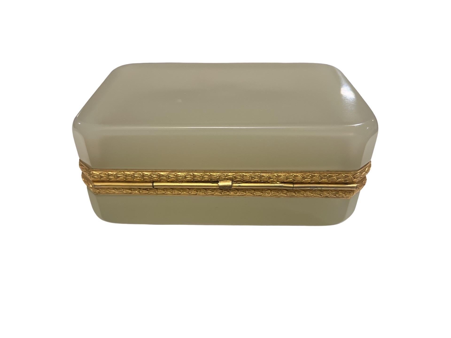 20th Century Antique French Opaline Glass Casket Having a Hinged Doré Bronze Band For Sale