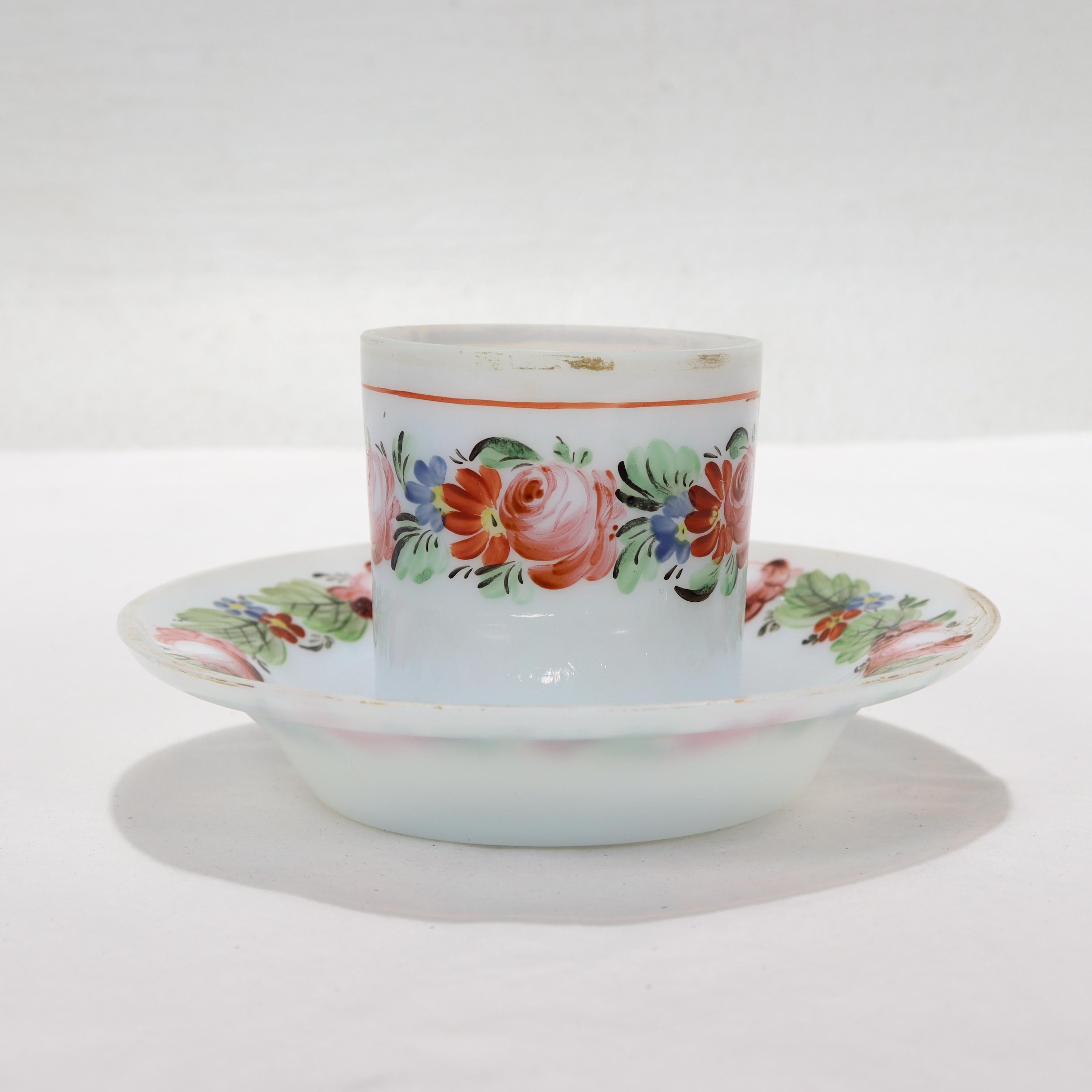 Neoclassical Antique French Opaline Glass Demitasse Cup & Saucer For Sale