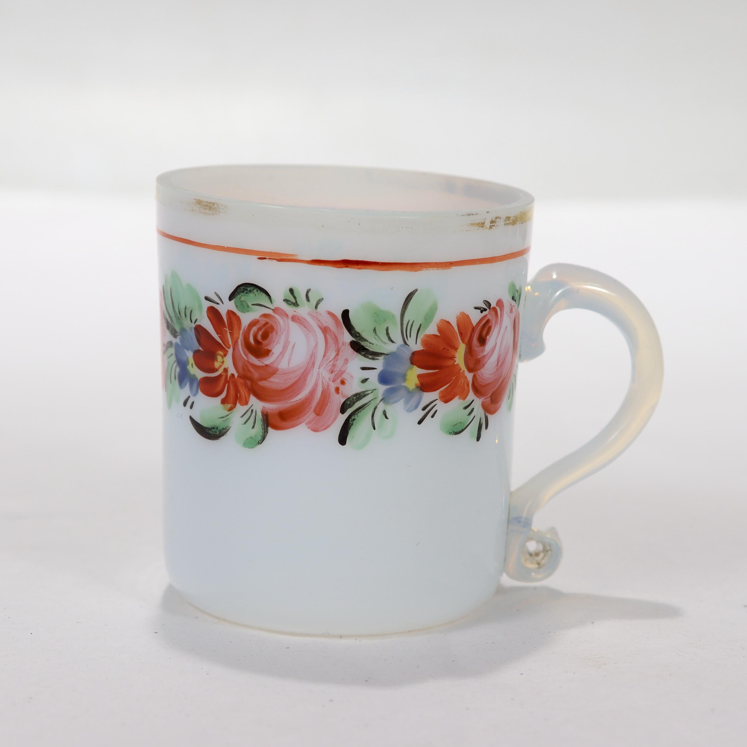 Antique French Opaline Glass Demitasse Cup & Saucer In Fair Condition For Sale In Philadelphia, PA