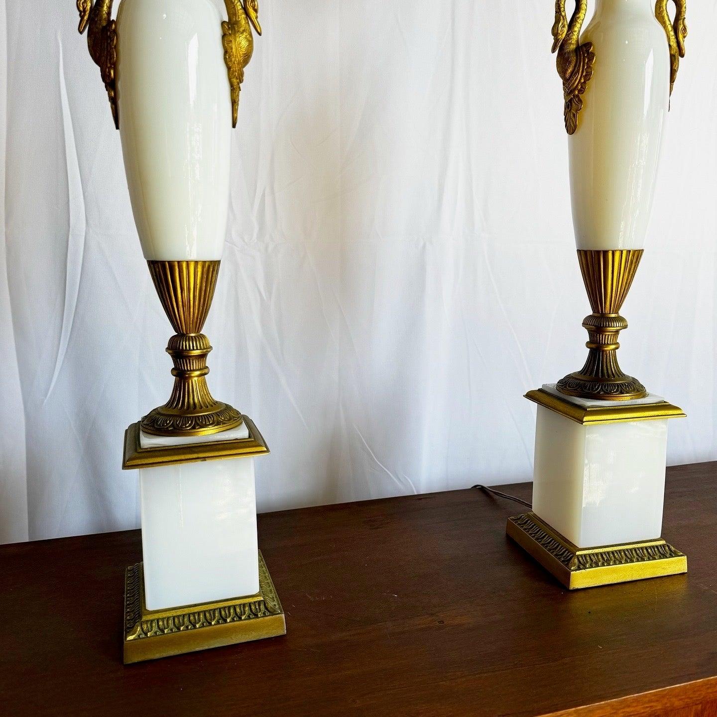 Antique French Opaline White Glass and Gold Lamps - a Pair For Sale 7