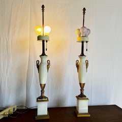 Antique French Opaline White Glass and Gold Lamps - a Pair