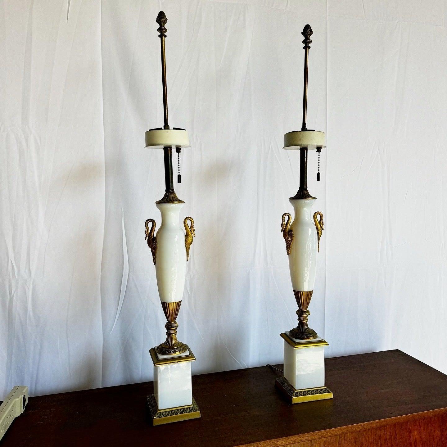 Antique French Opaline White Glass and Gold Lamps - a Pair In Good Condition For Sale In Delray Beach, FL
