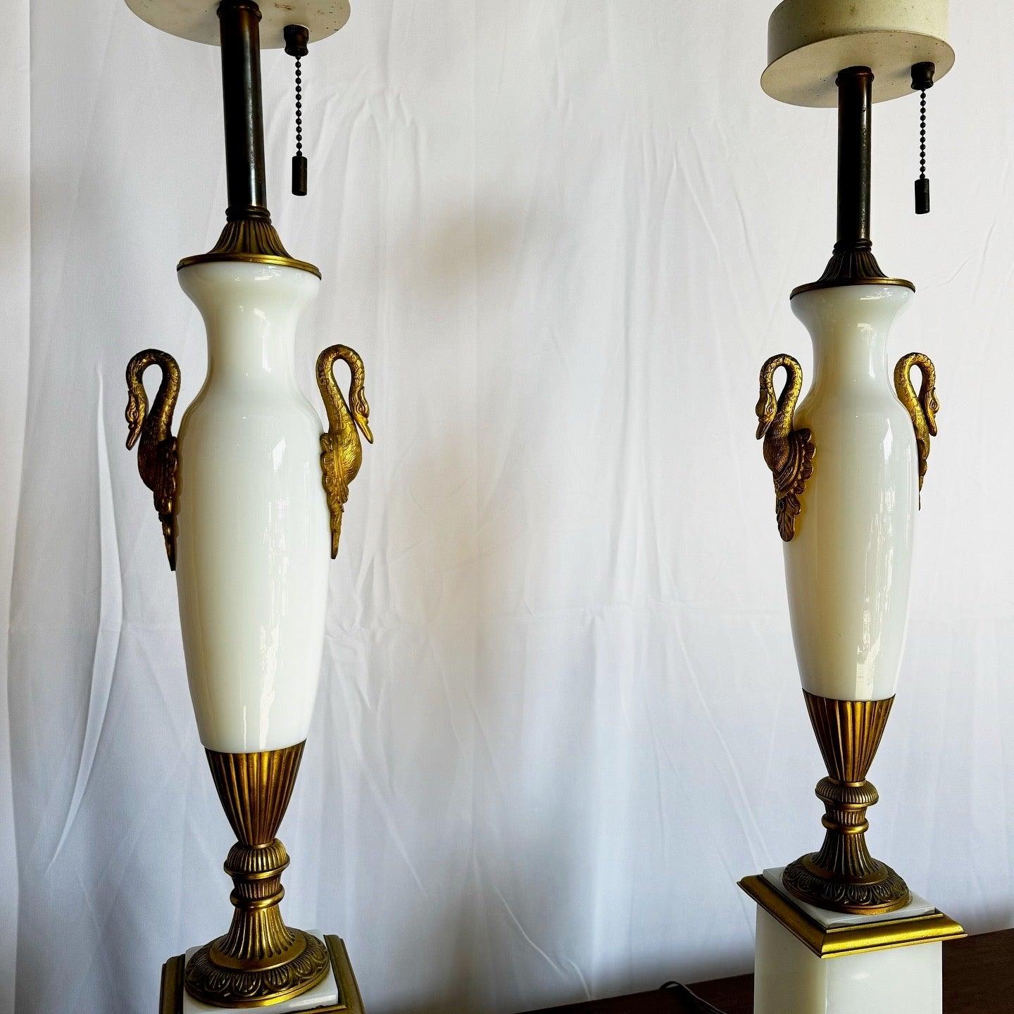 20th Century Antique French Opaline White Glass and Gold Lamps - a Pair For Sale