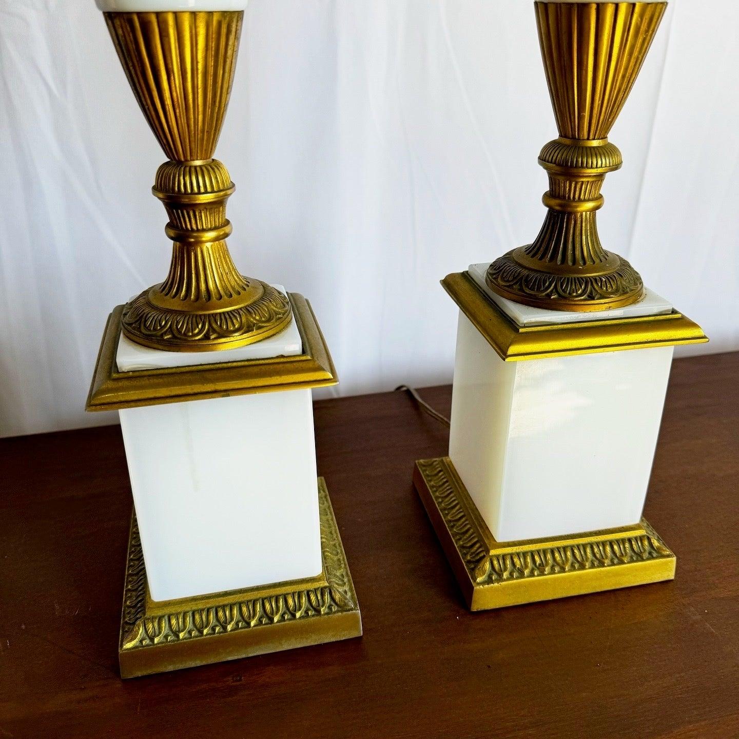 Antique French Opaline White Glass and Gold Lamps - a Pair For Sale 4