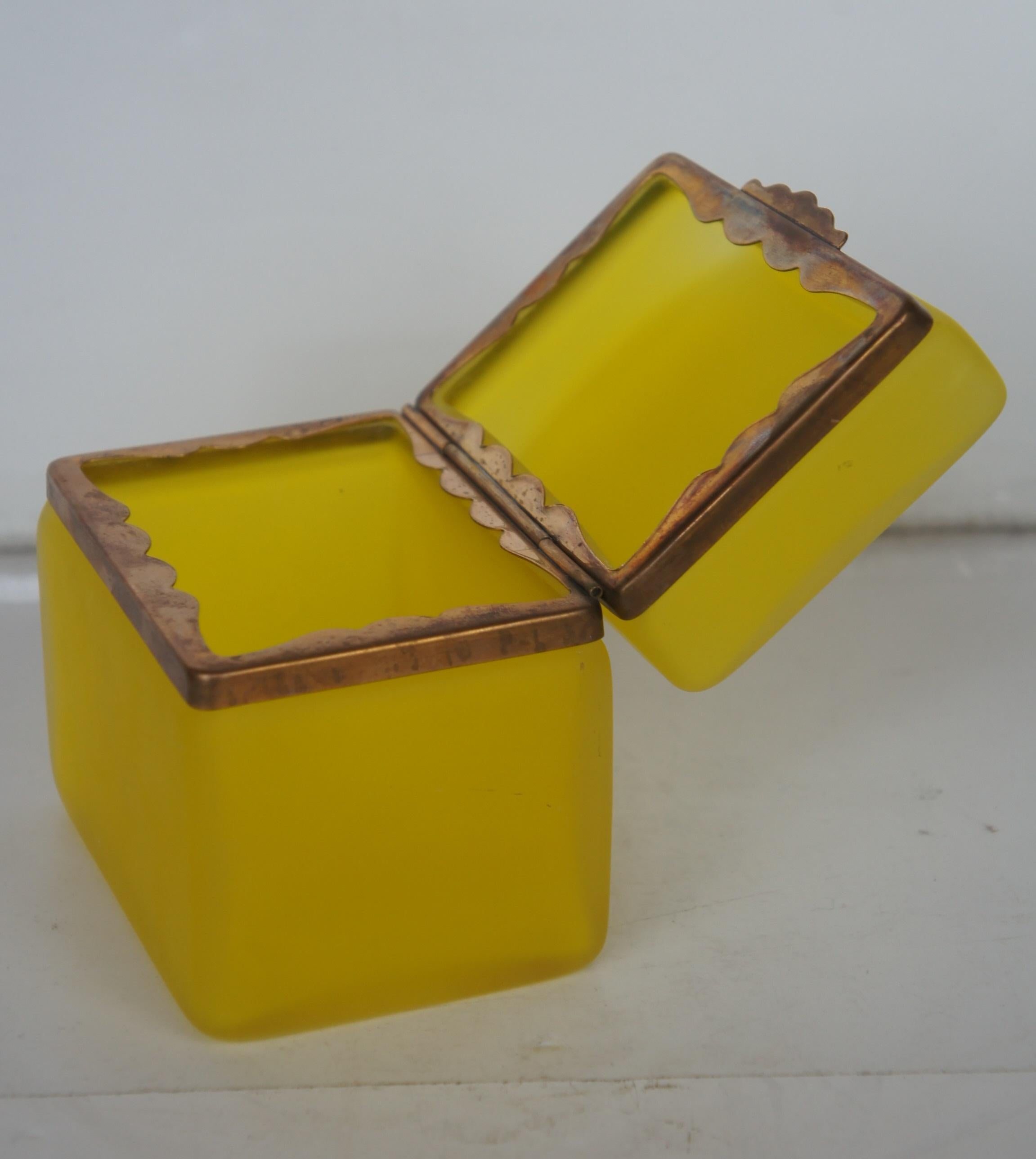 19th Century Antique French Opaline Yellow Glass Jewelry Trinket Vanity Casket Box Hinged